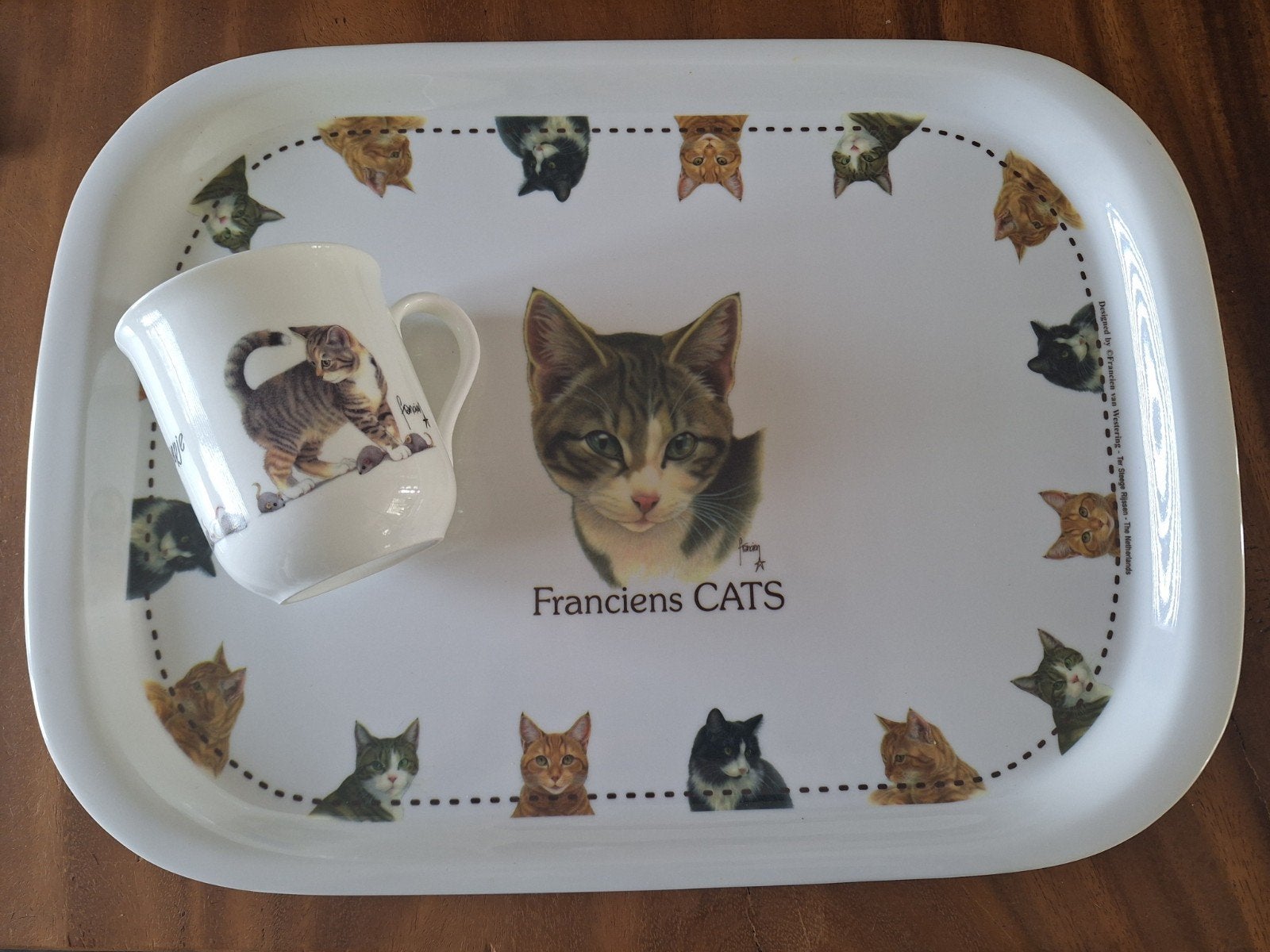Franciens Cats Mok 'Miepje' en Dienblad Franciens katten., Overige merken, Zo goed als nieuw, Overige stijlen, Porselein