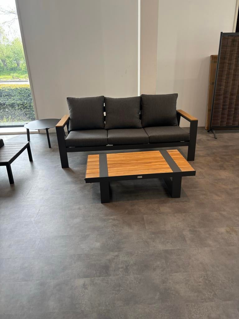 Luxe Aluminium 3-zitsbank met Teakhouten Details, 3 zitplaatsen, Ophalen of Verzenden, Loungeset, Bank