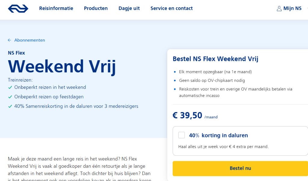 Weekend Vrij abonnement voor 1 maand, Eén persoon, Trein, Algemeen kaartje