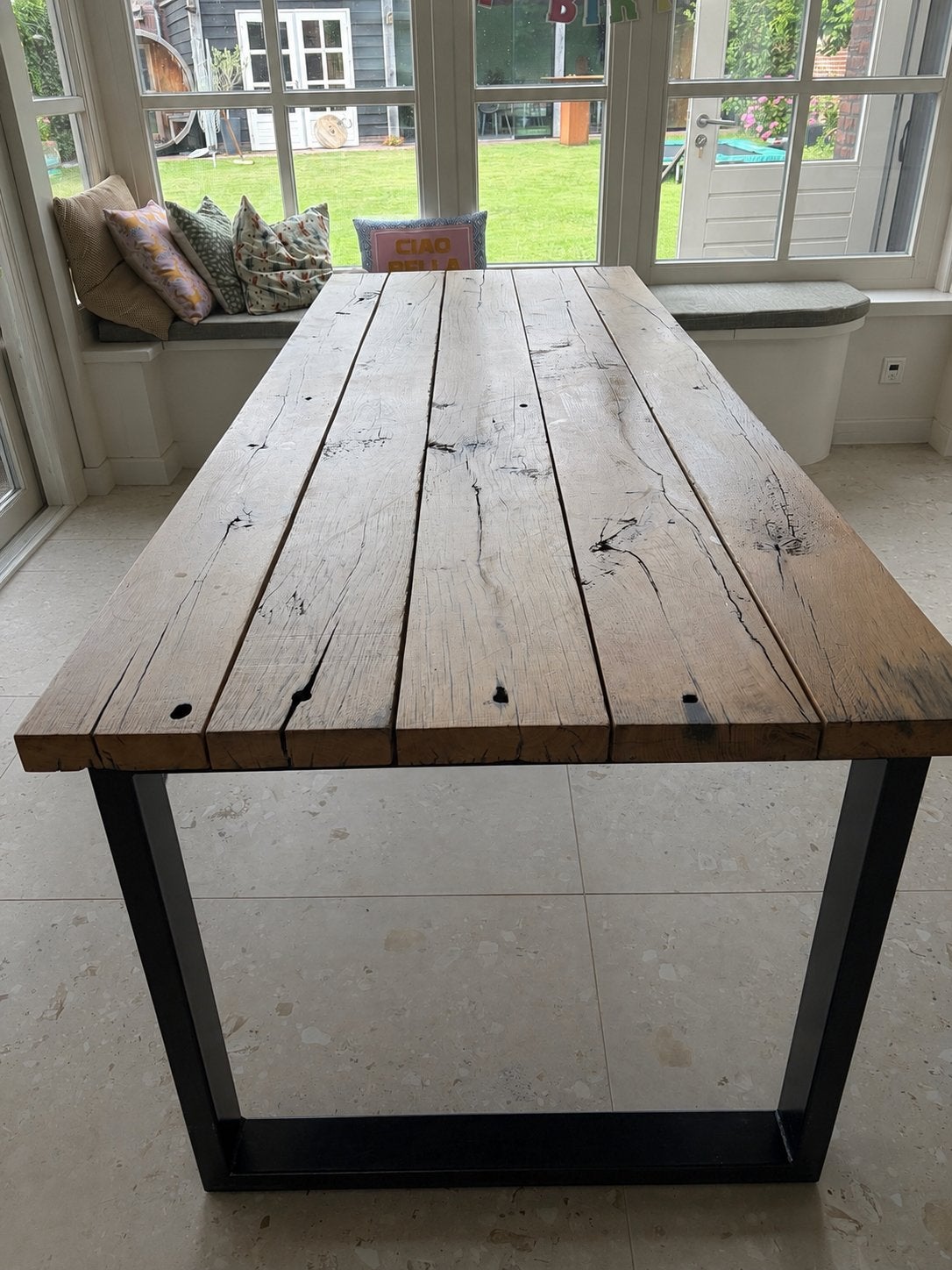 Eetkamertafel van authentieke treinwagonplanken, Huis en Inrichting, Tafels | Eettafels, Ophalen, Gebruikt, 200 cm of meer, 50 tot 100 cm