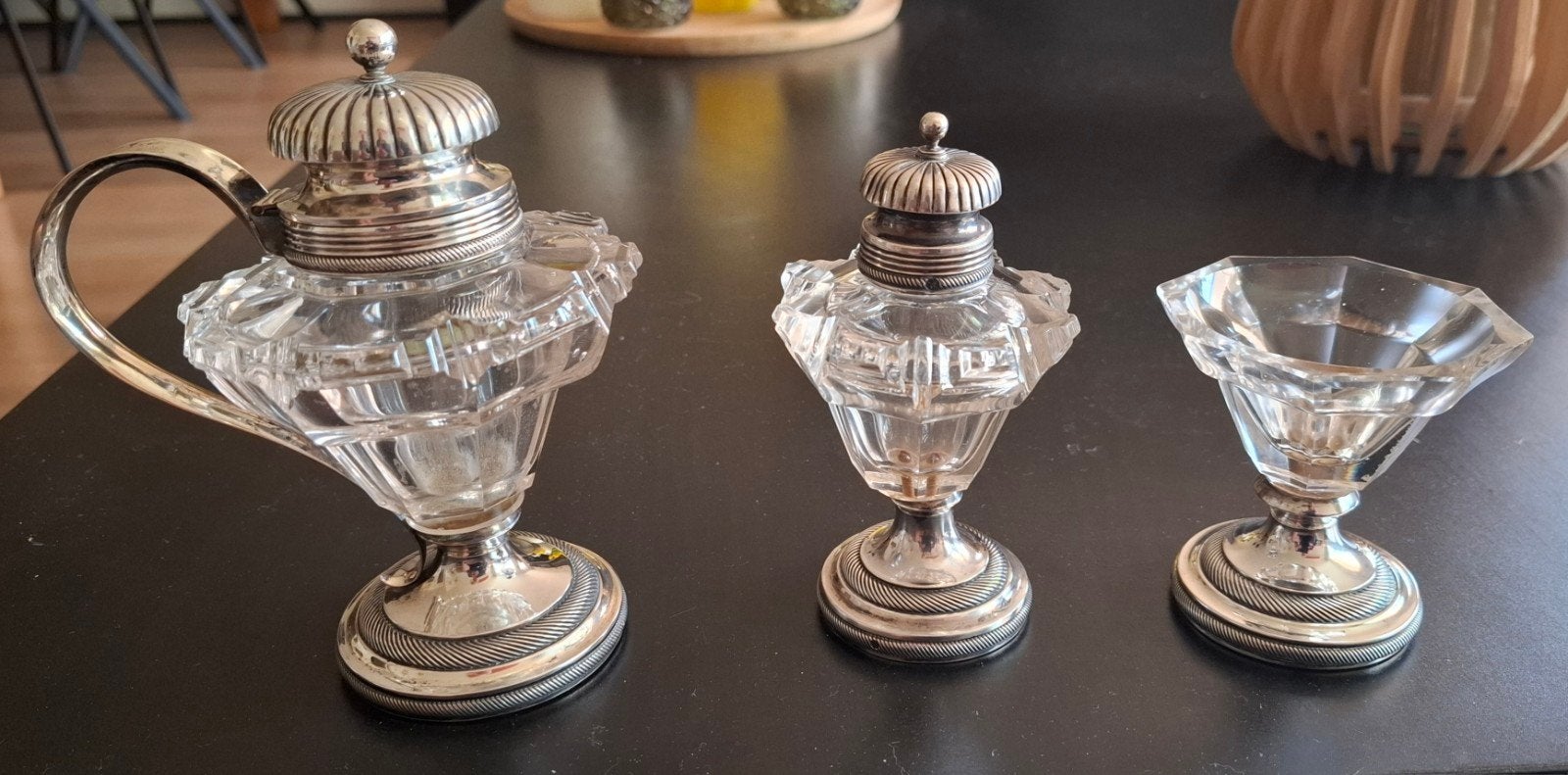 Antiek zout/peper strooier en mosterd set, 19e eeuw, Antiek en Kunst, Ophalen of Verzenden