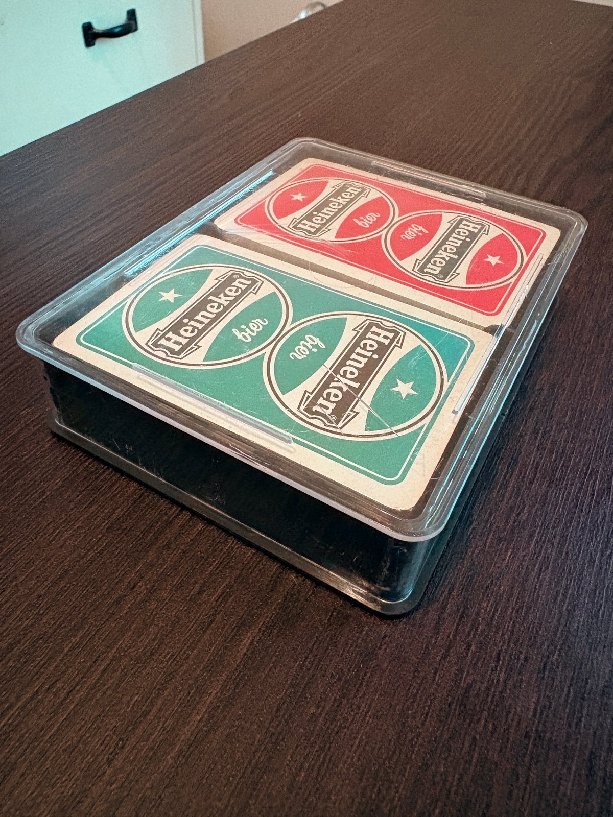 Vintage Heineken speelkaartenset rood en groen, jaren 70/80, Ophalen of Verzenden, Zo goed als nieuw, Kwartet(ten)