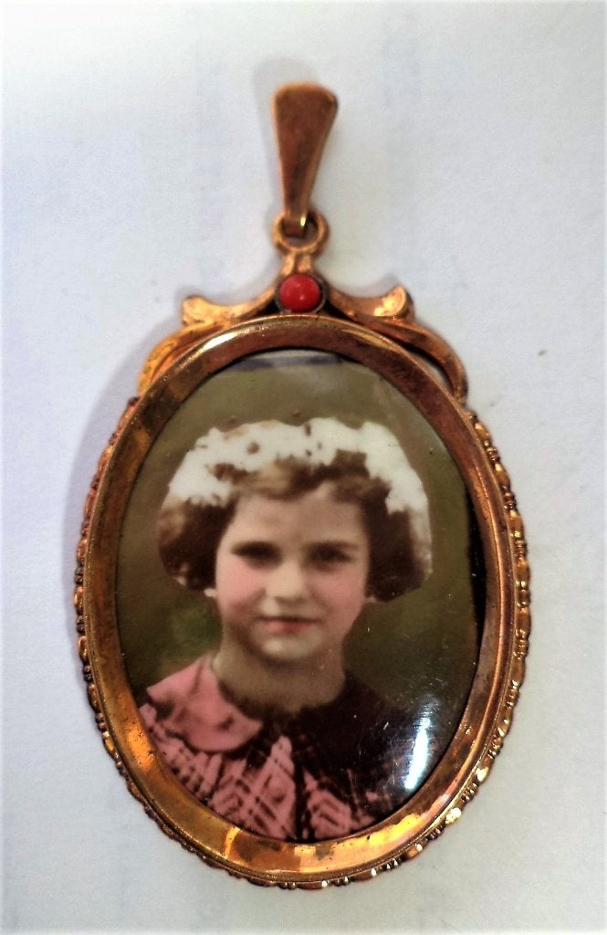 Antieke Jugendstil Fotohanger – Gouddoublé met rood steentje, Sieraden, Tassen en Uiterlijk, Ophalen, Rood, Overige materialen