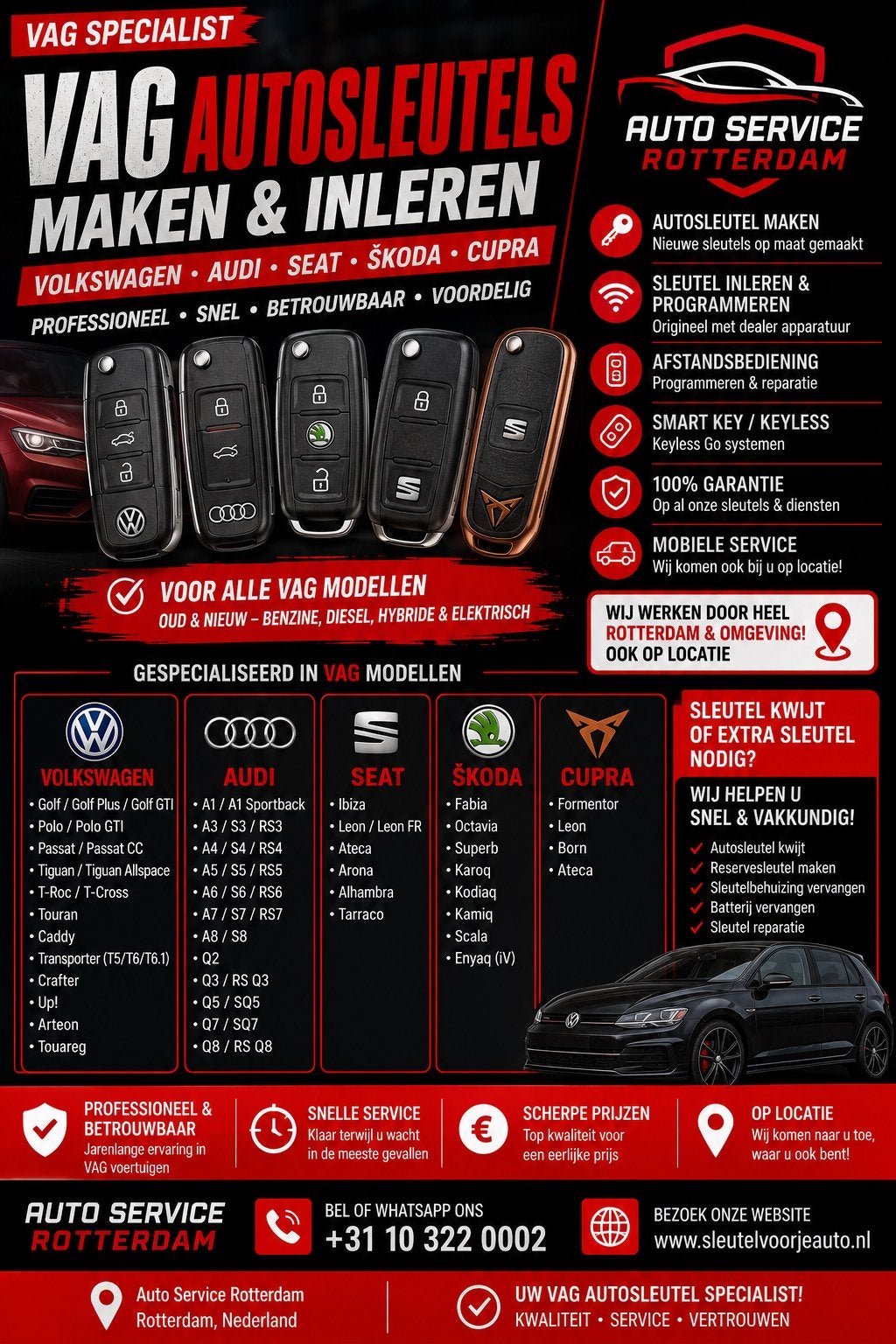 VAG AUTOSLEUTELS MAKEN & INLEREN VOL AUDI SEAT ŠKODA CUPRA, Auto diversen, Ophalen of Verzenden