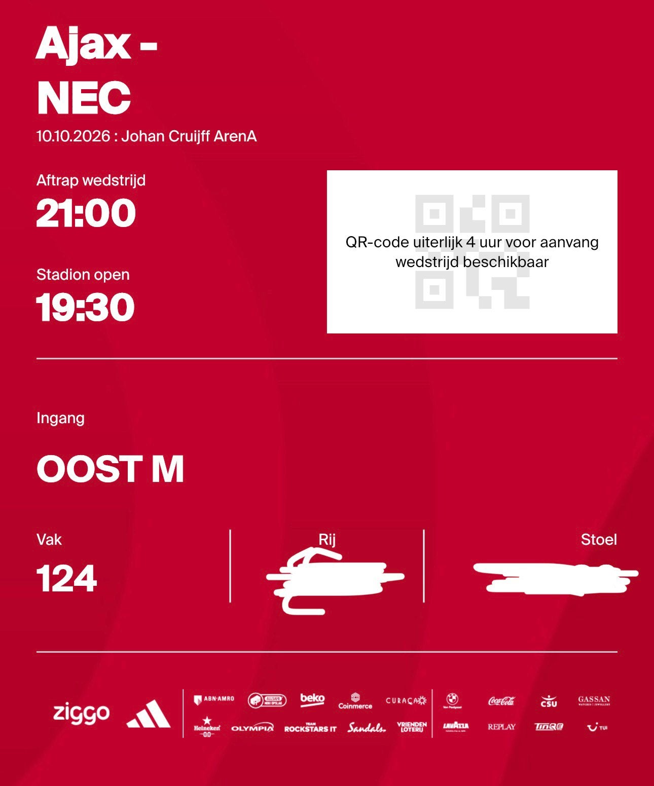 Ajax NEC vak 124 1 kaart, Tickets en Kaartjes, Losse kaart, Eén persoon, Oktober