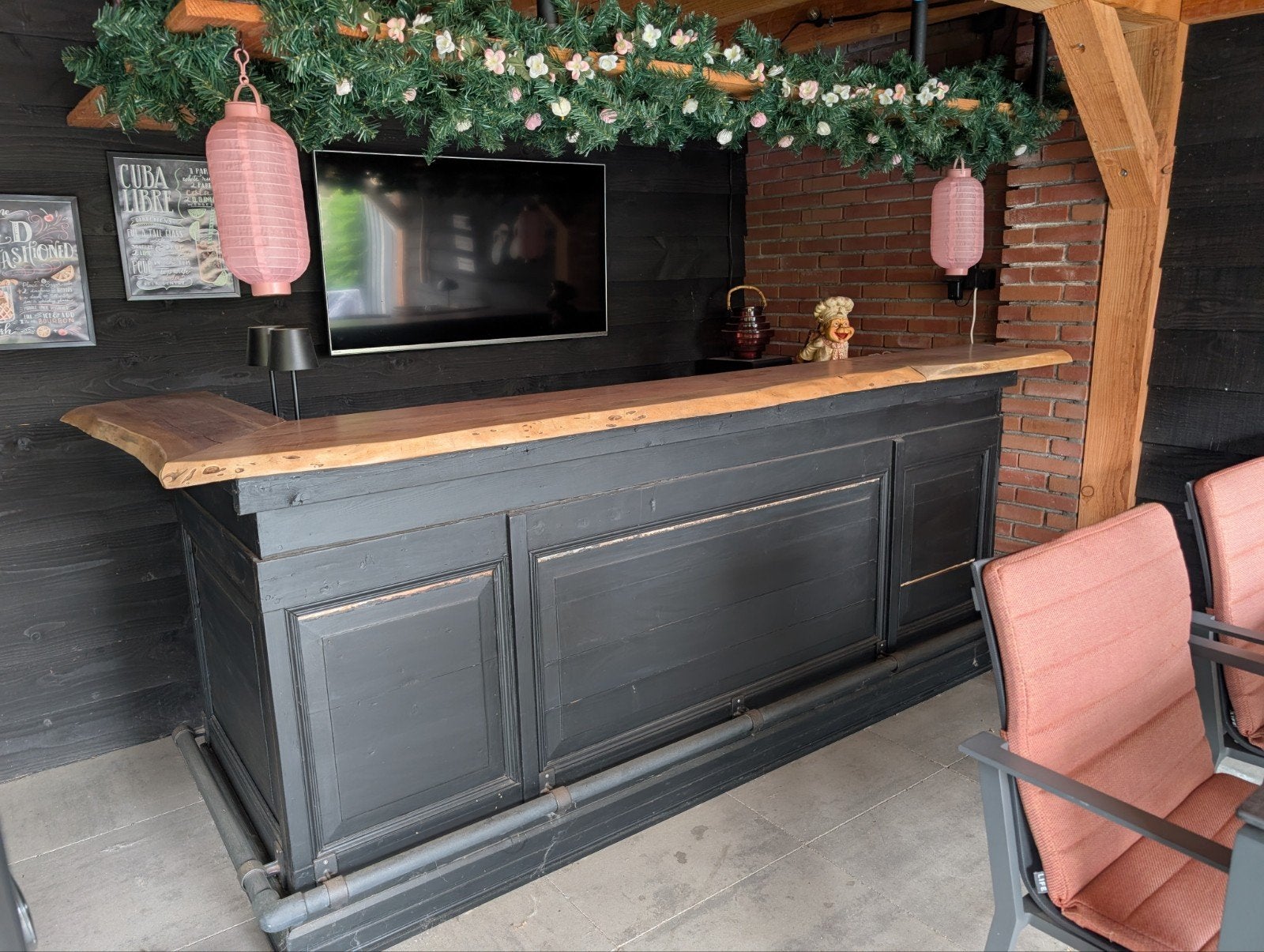 Stijlvolle buitenbar 275x110 met gootsteen en houten blad, Huis en Inrichting, Ophalen, Gebruikt