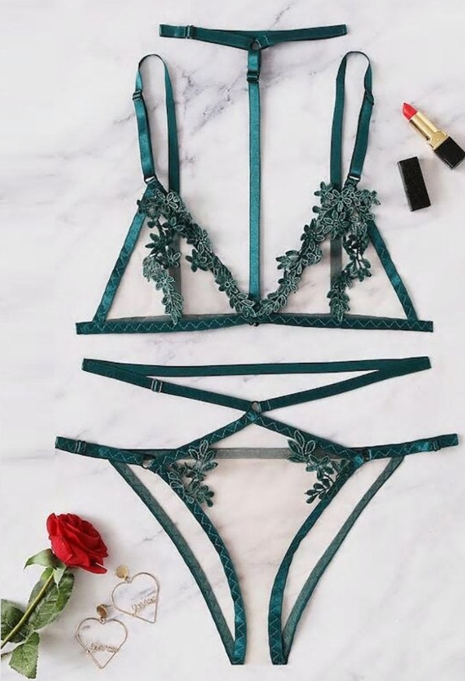 Groen bloemen bh slipje setje lingerie, Verzenden, Groen, Setje