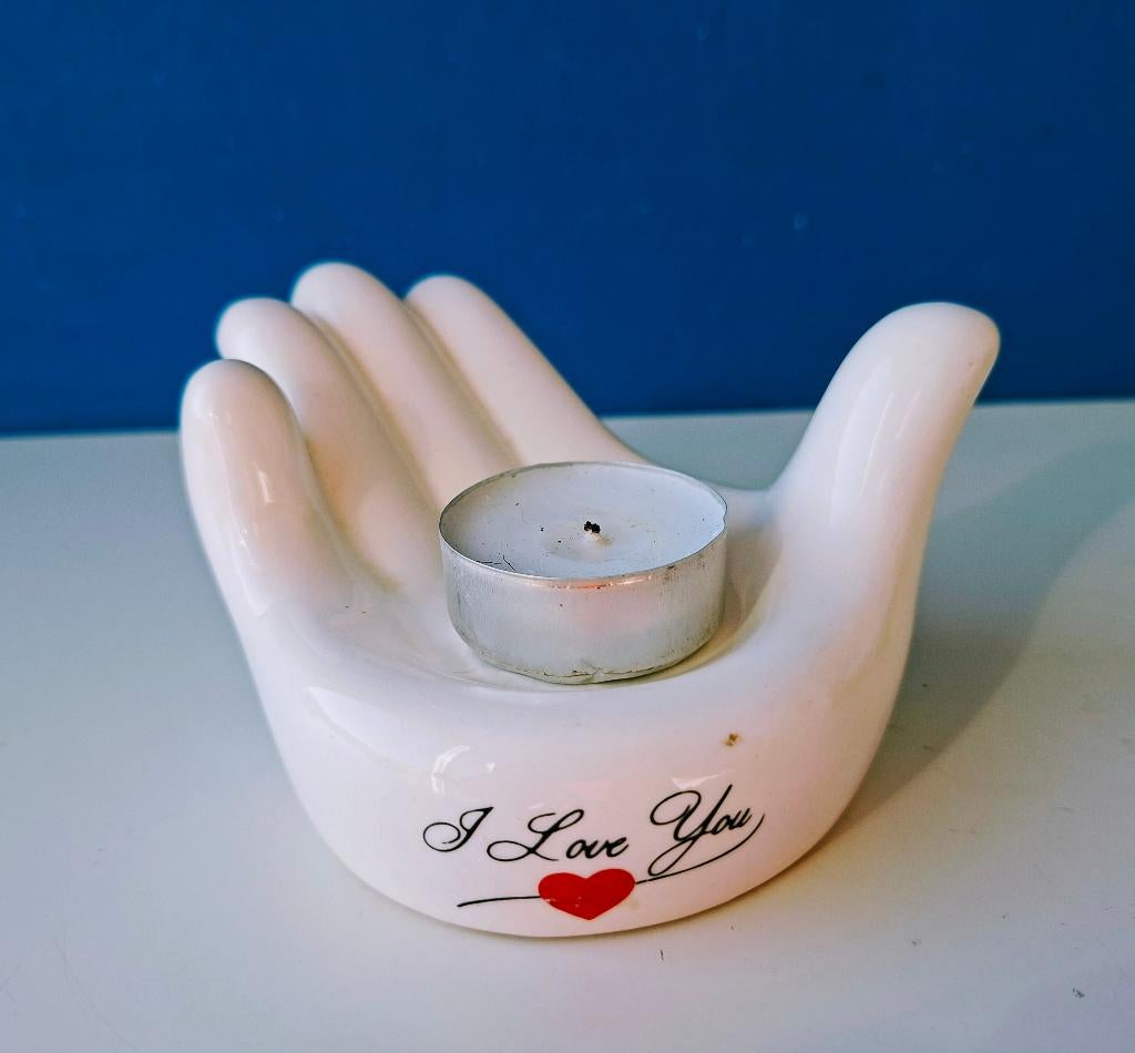 Retro keramieken hand/voor waxinelichtje/herdenken dierbare, Overige materialen, Gebruikt, Ophalen of Verzenden, Kandelaar