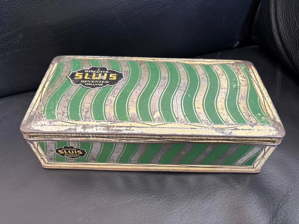 Vintage Sluis Deventer Holland koekblik - Groen/zilver, Ophalen of Verzenden, Gebruikt, Koek(jes), Overige merken