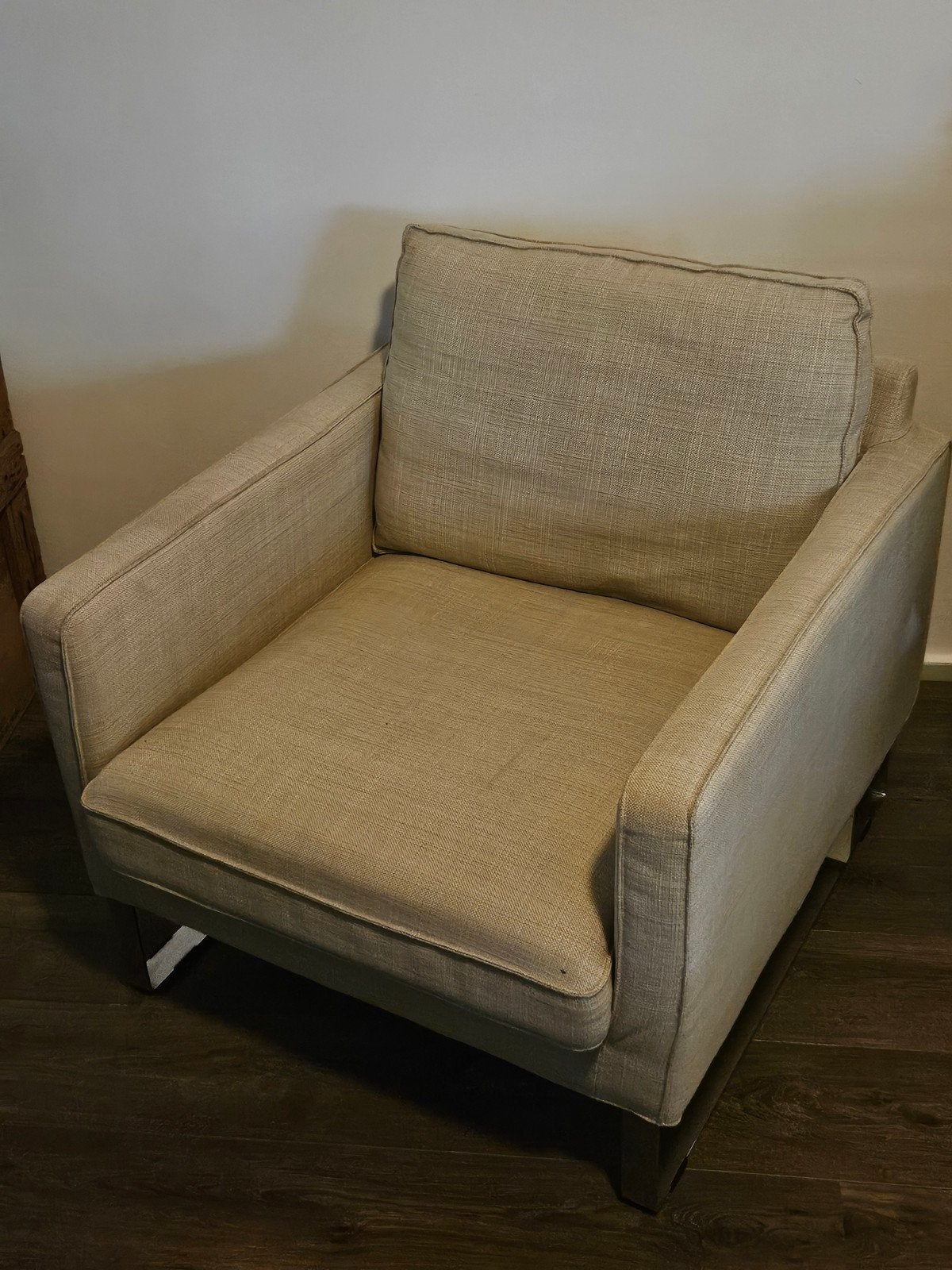 Comfortabele fauteuil - Beige stof met metalen onderstel, Ophalen, Gebruikt, 75 tot 100 cm, Metaal
