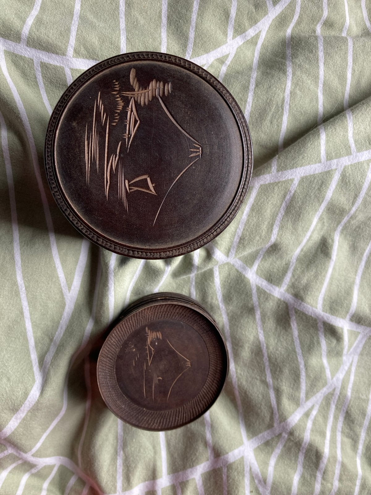 Vintage Japanse onderzetters met houder - Houtsnijwerk, Ophalen of Verzenden