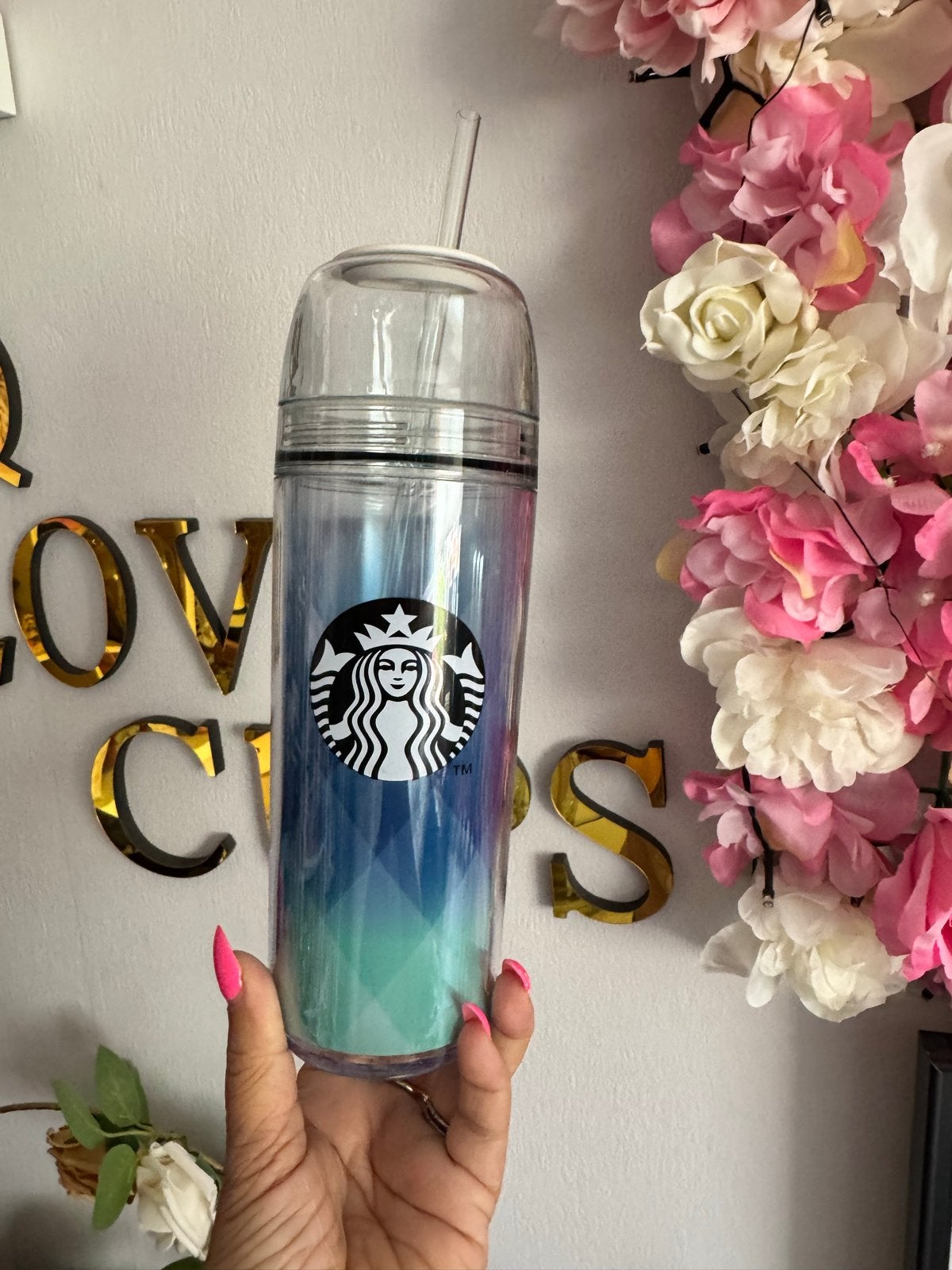 Starbucks drinkbeker met rietje - Blauw/Groen, Overige typen, Kunststof, Nieuw, Ophalen of Verzenden