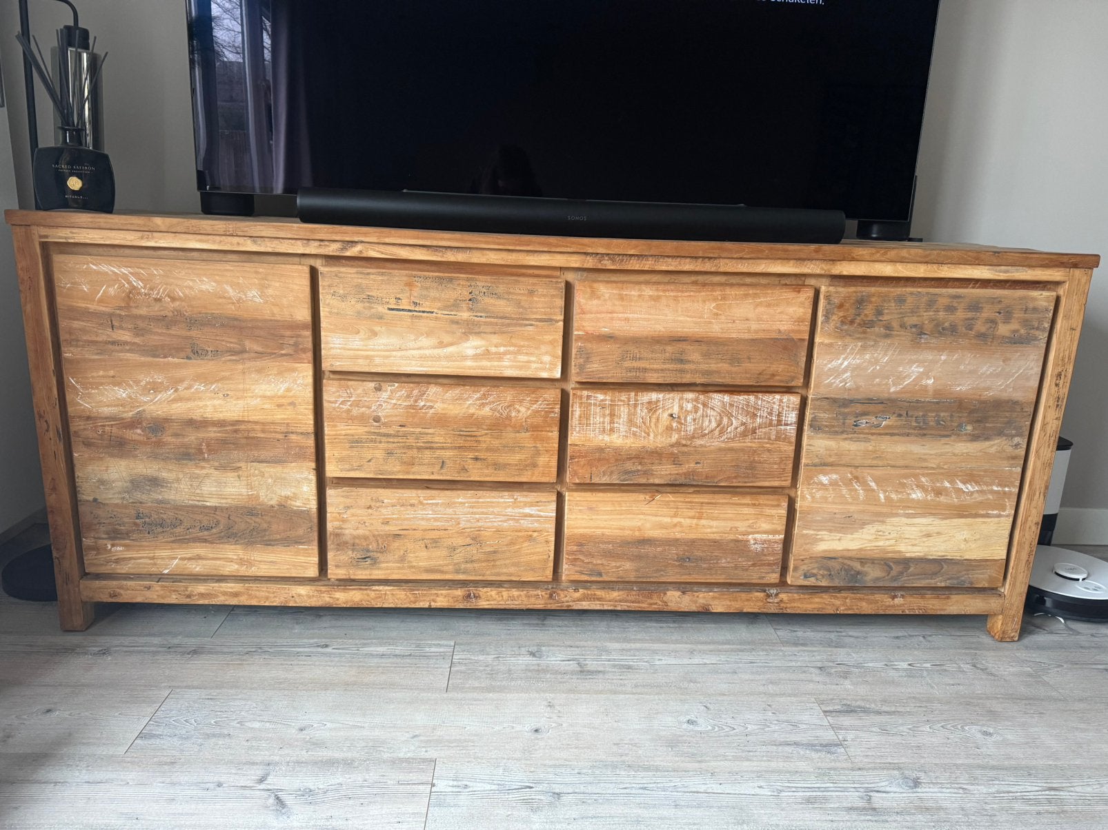 Hardhouten dressoir / tv-meubel – 220 cm breed, Ophalen, Zo goed als nieuw, 25 tot 50 cm, 200 cm of meer