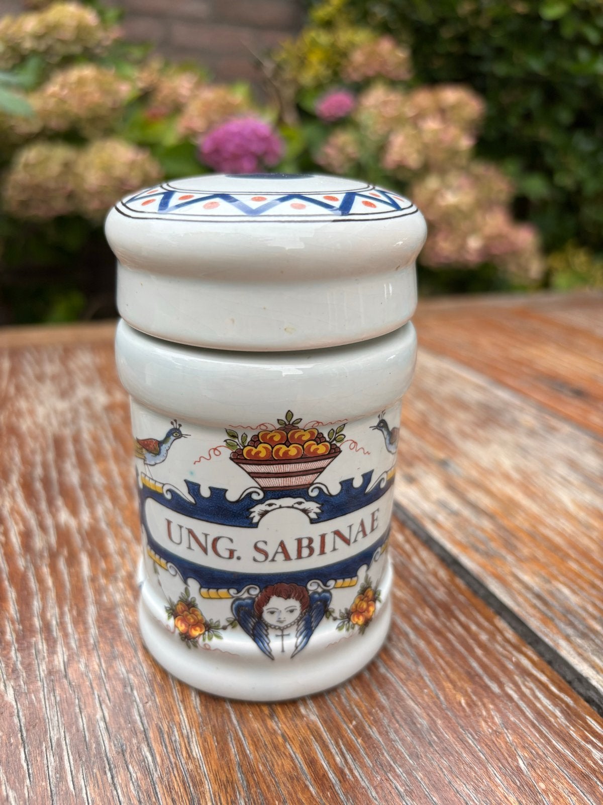 Decoratieve Delfts-stijl Apothekerspot "Ung. Sabinae", Ophalen of Verzenden