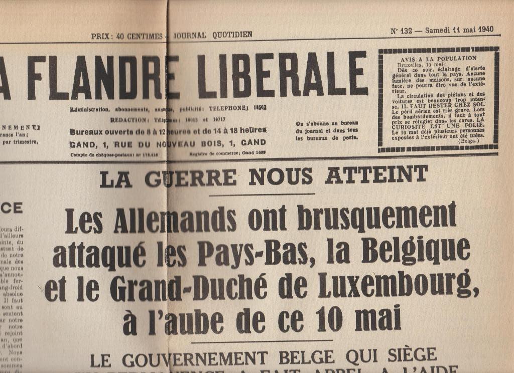 oorlog belgie 11 5 1940 la flandrie liberale 2 Blz 58 x 43 c, Verzamelen, Tijdschriften, Kranten en Knipsels, Ophalen of Verzenden