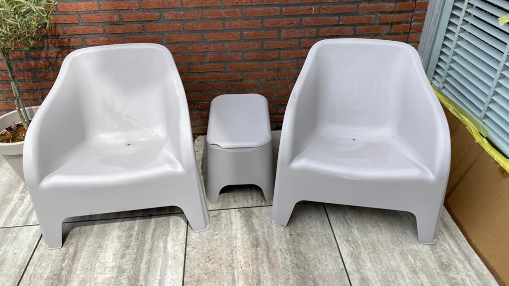 2 tuinstoelen met tafeltje beschadigd van Toomax, Huis en Inrichting, Stoelen, Ophalen, Gebruikt, Twee
