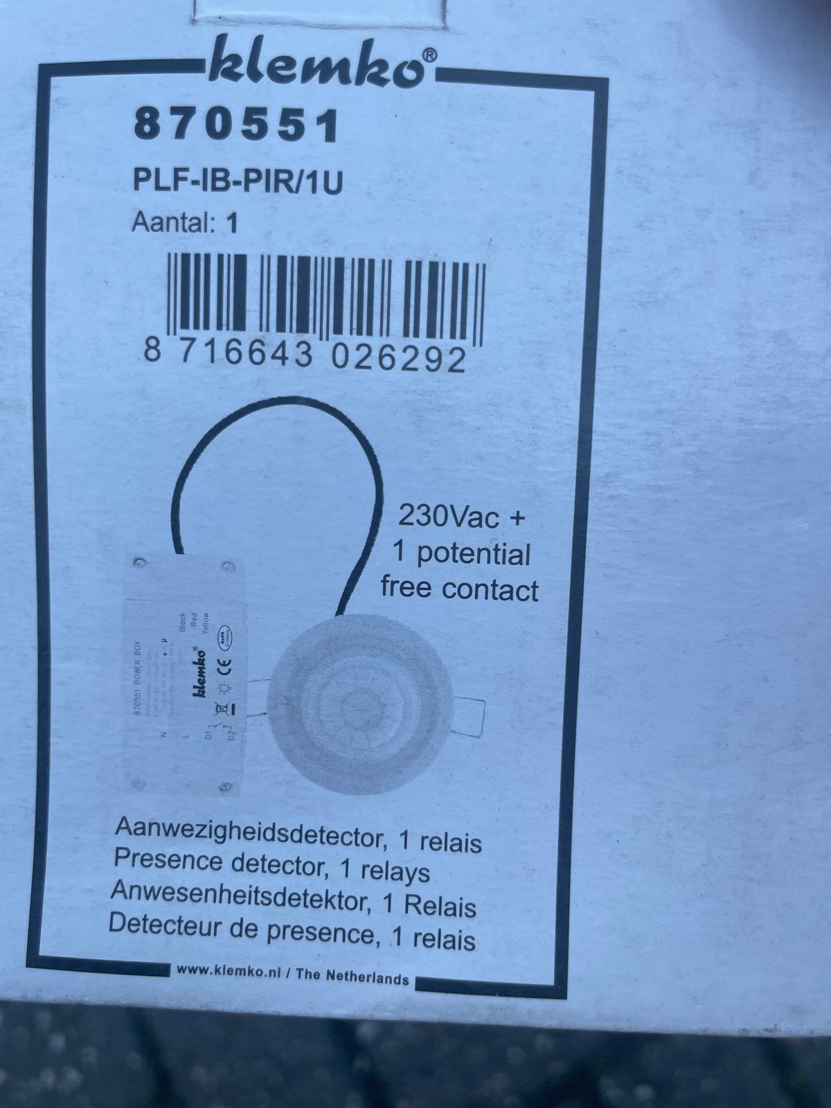 Klemko 870551 Aanwezigheidsdetector - Nieuw in verpakking, Ophalen of Verzenden, Nieuw, Overige typen