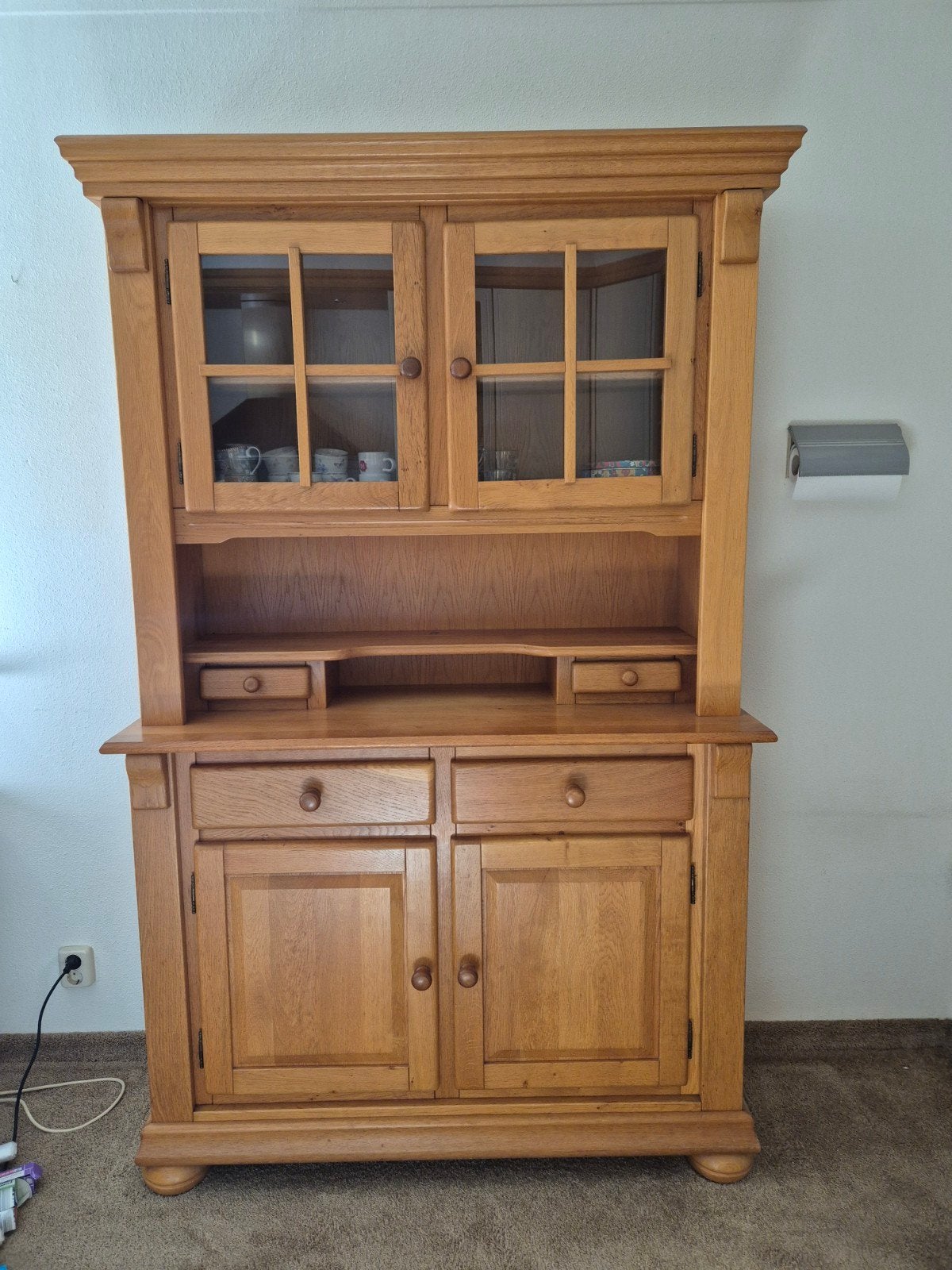Massief eiken dressoir/vitrinekast met lades en deuren, Ophalen, Klassiek, Met lade(s), Zo goed als nieuw