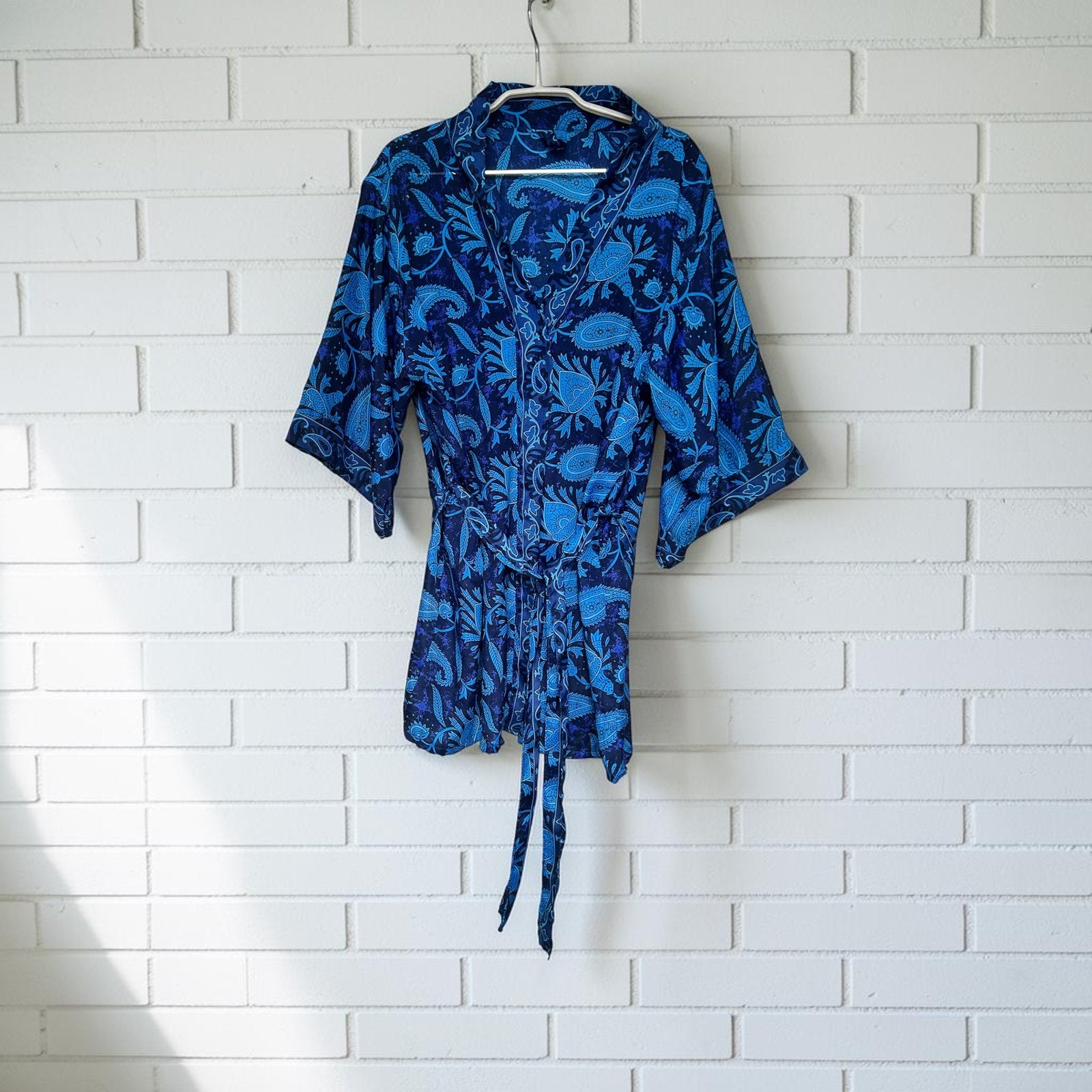 Vintage Kimono Blouse Maat XL Blauw Paisley Print, Maat 46/48 (XL) of groter, Zo goed als nieuw, V, V