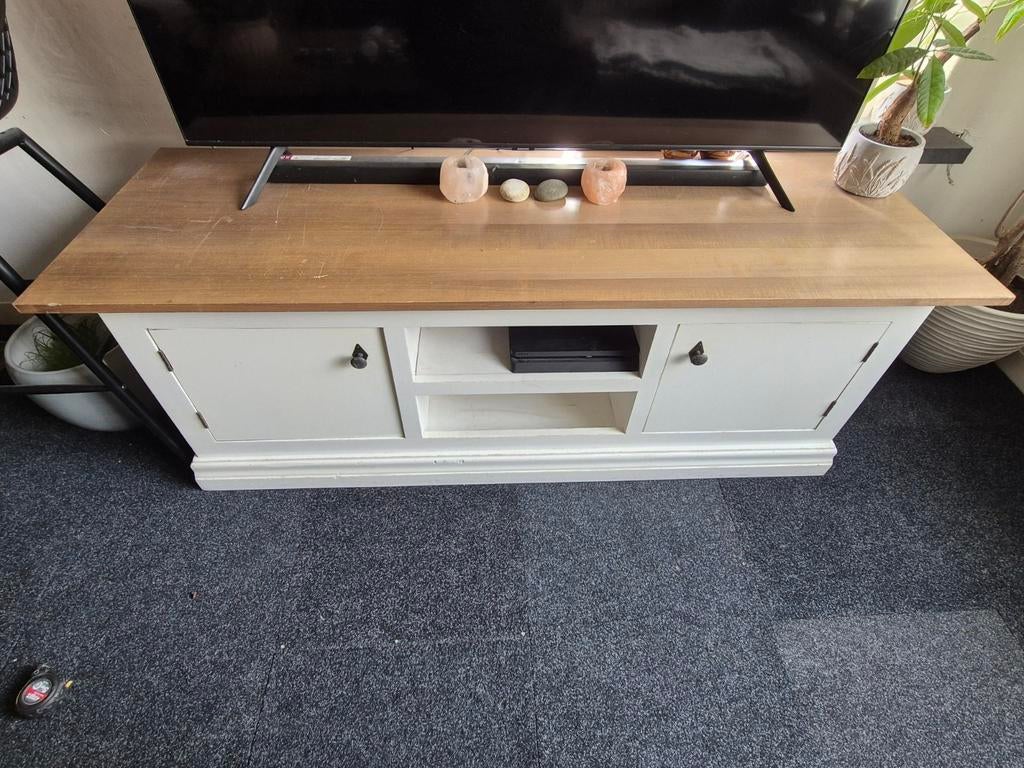 TV-meubel wit met houten blad, Huis en Inrichting, Kasten | Televisiemeubels, Ophalen, Gebruikt, 100 tot 150 cm, Minder dan 100 cm