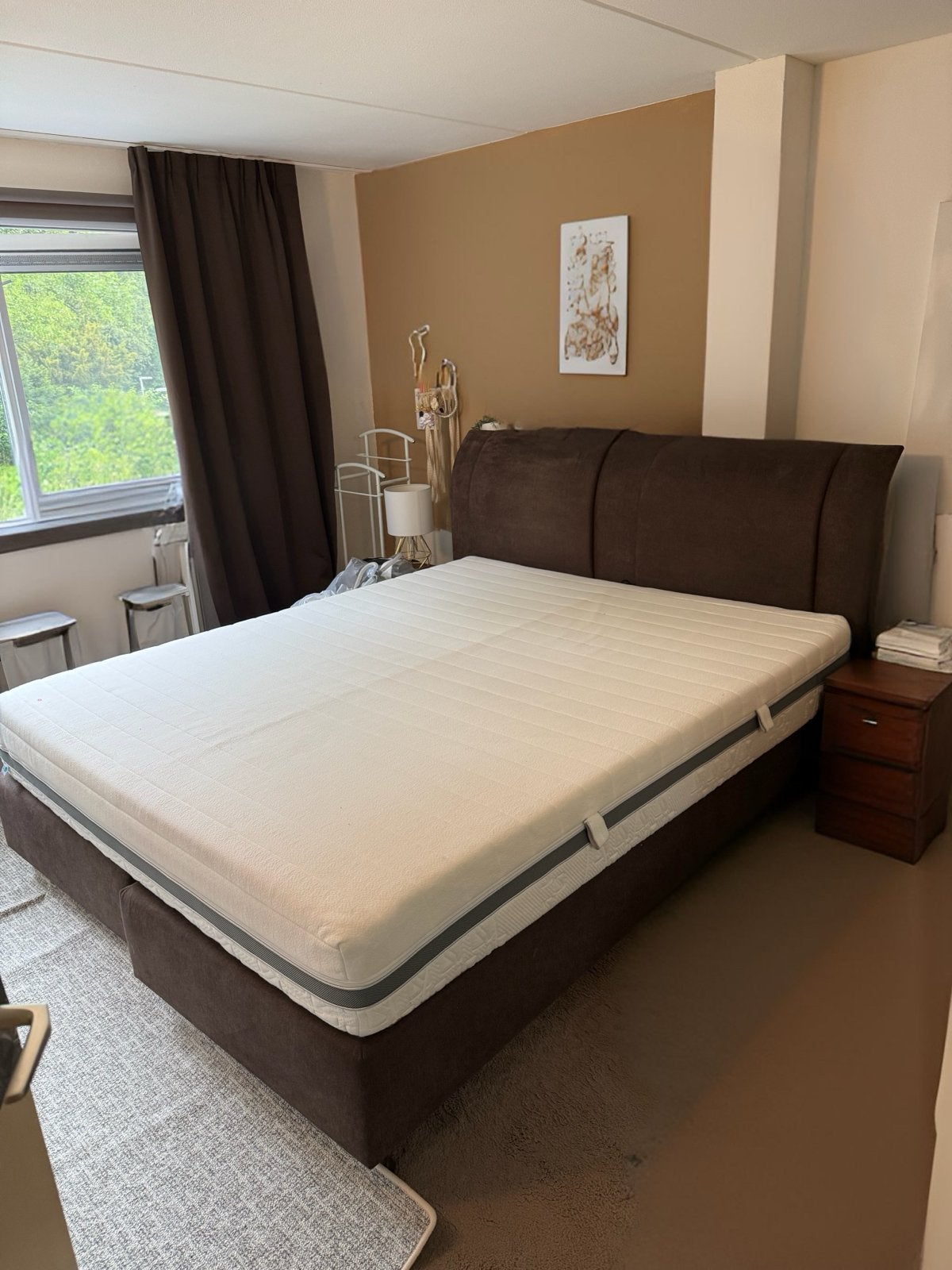 Kingsize boxspring zgan Mline matras 180x220 tweepersoonsbed, Ophalen, Bruin, Tweepersoons, Zo goed als nieuw
