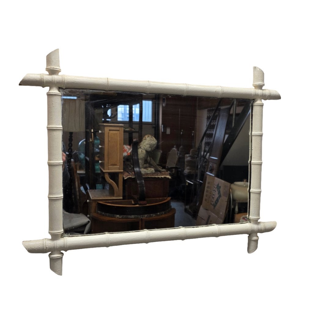 Grote vintage witte faux bamboe spiegel, Ophalen, Gebruikt, Minder dan 100 cm, Rechthoekig