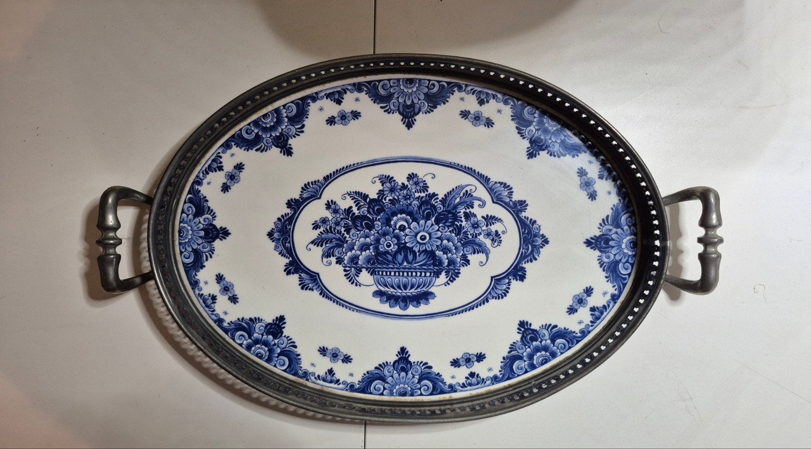 Delfts Blauw dienblad met tinnen rand en handvatten, Ophalen of Verzenden