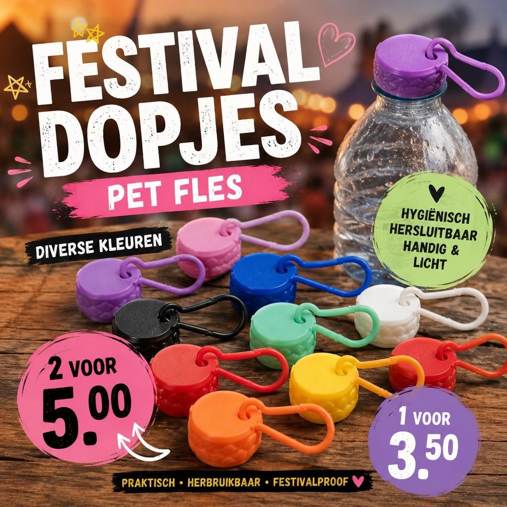 Festival Pet Fles Dopjes - Hygiënisch & Herbruikbaar, Ophalen of Verzenden, Nieuw