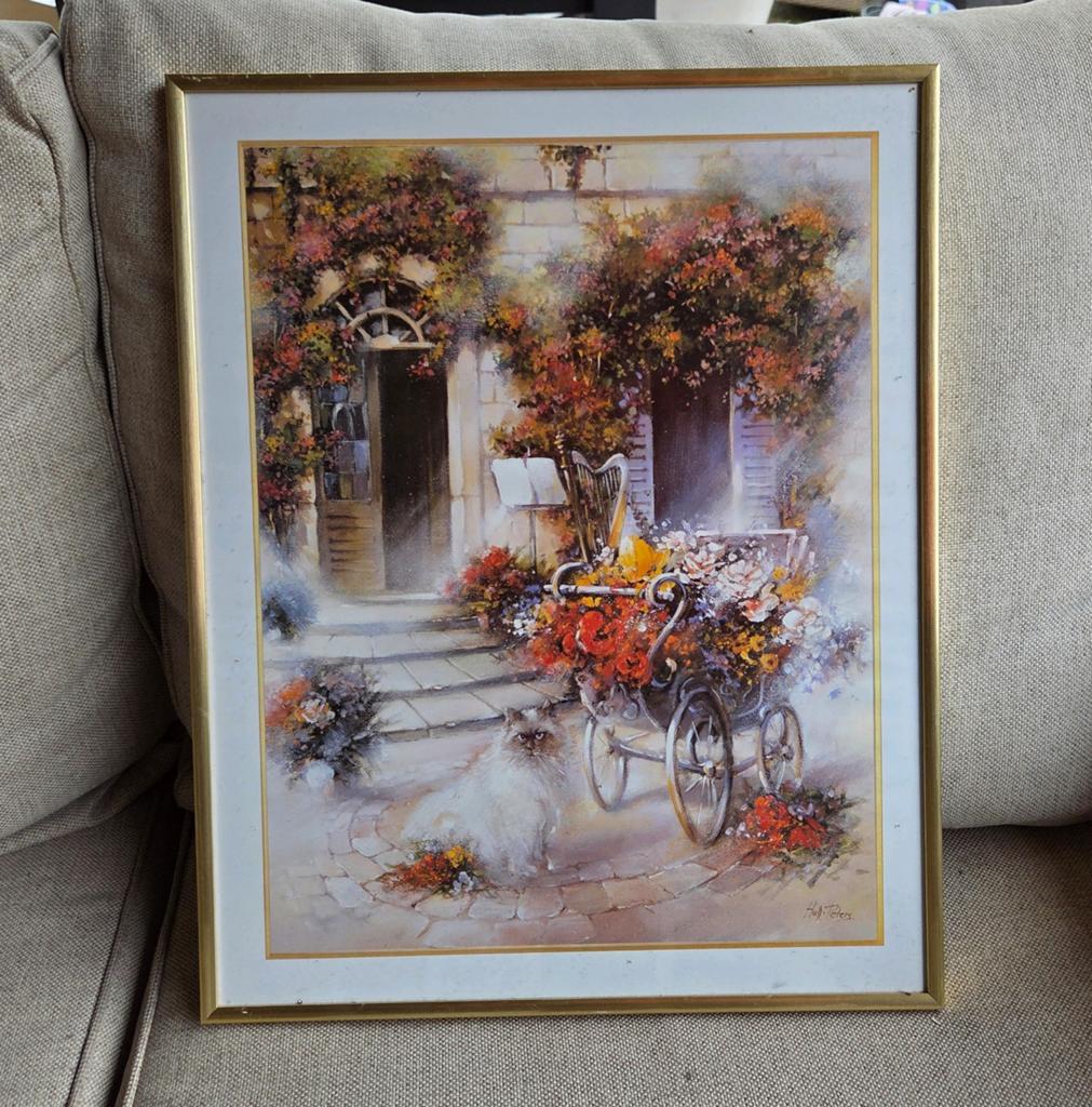 Schilderij bloemen en kat in gouden lijst Hub.Peters Art, Ophalen