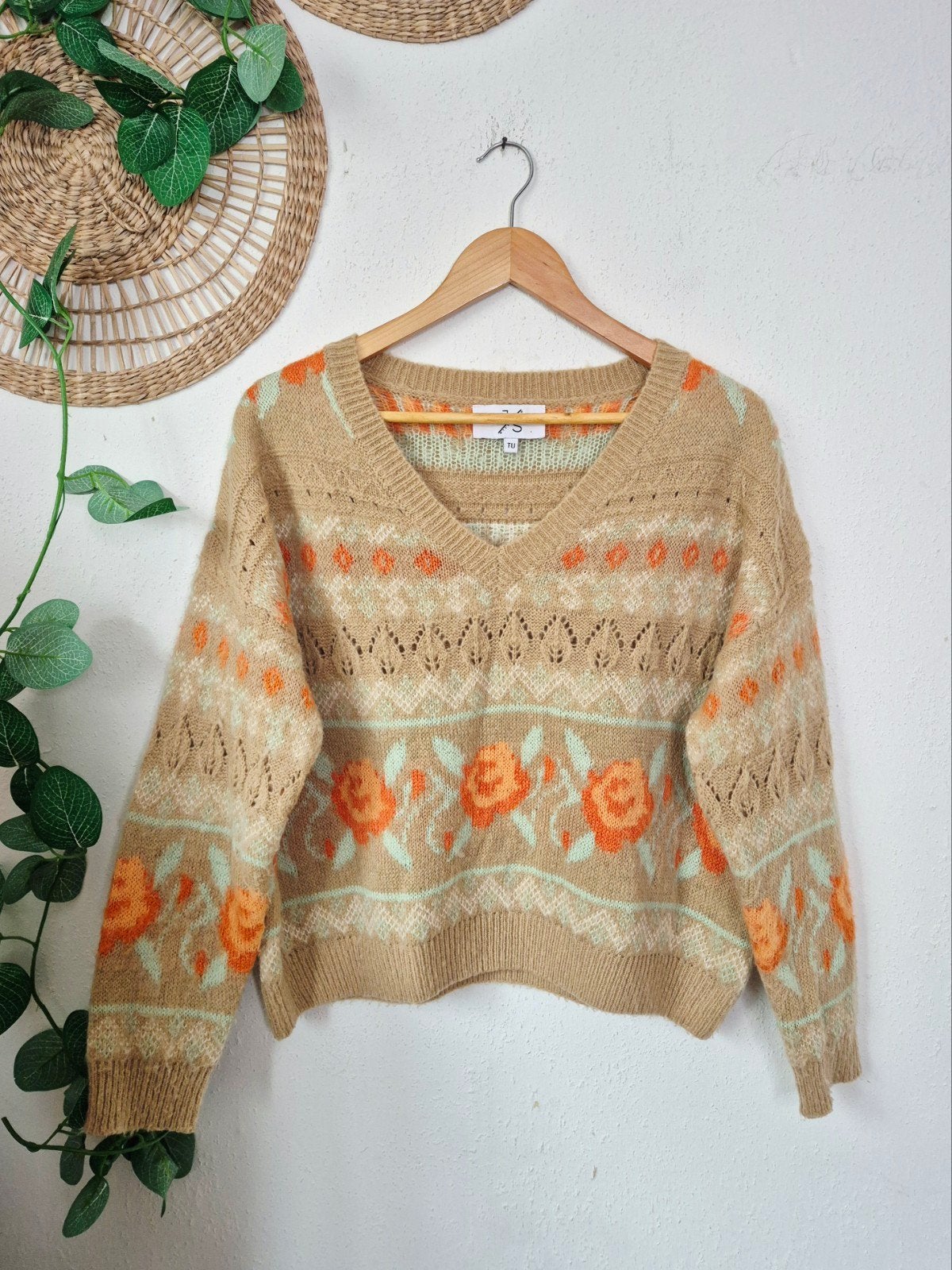 Vintage fluffy broderie gebreide trui XL, Vintage, Ophalen of Verzenden, Zo goed als nieuw, Maat 46/48 (XL) of groter