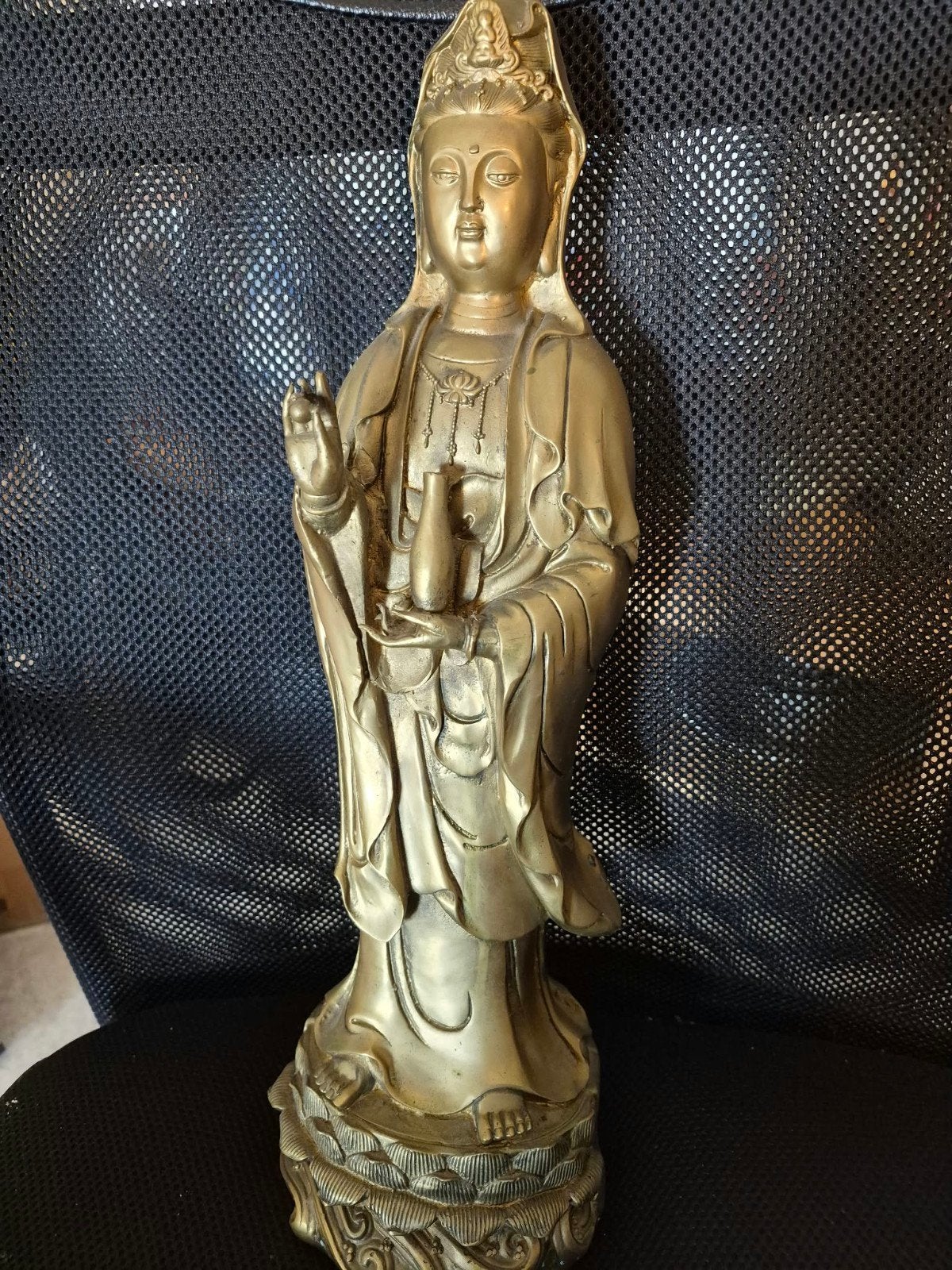 Bronzen Kuan Yin Beeld - Chinese Godin van Genade, Goud, Ophalen of Verzenden, China, Versierd
