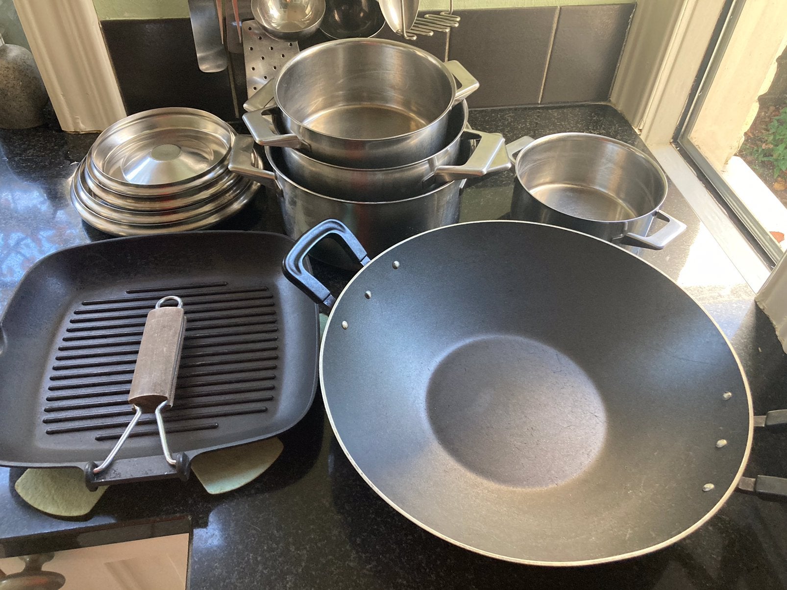 Pannenset + wok en grillpan, Gebruikt, Pannenset, Ophalen of Verzenden, Rvs