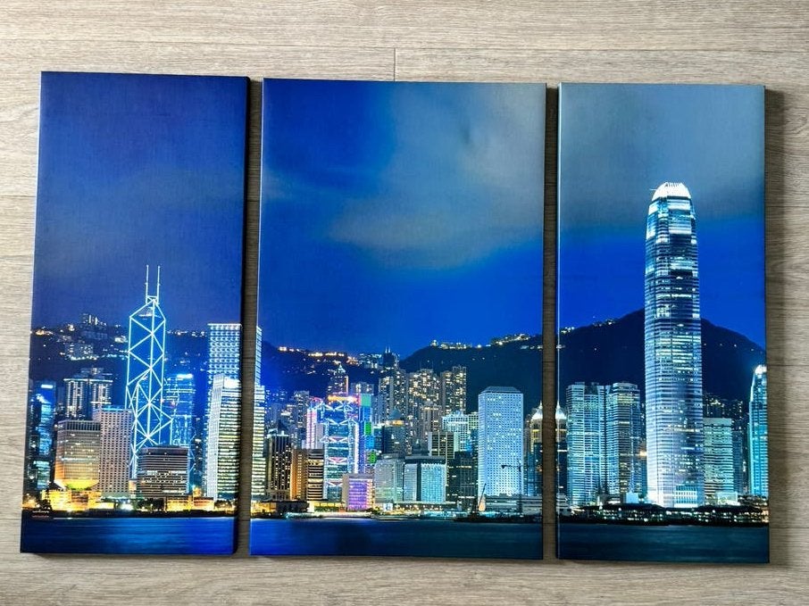 Set van 3 canvas foto schilderijen - Hong Kong skyline nacht, Huis en Inrichting, Woonaccessoires | Schilderijen, Tekeningen en Foto's