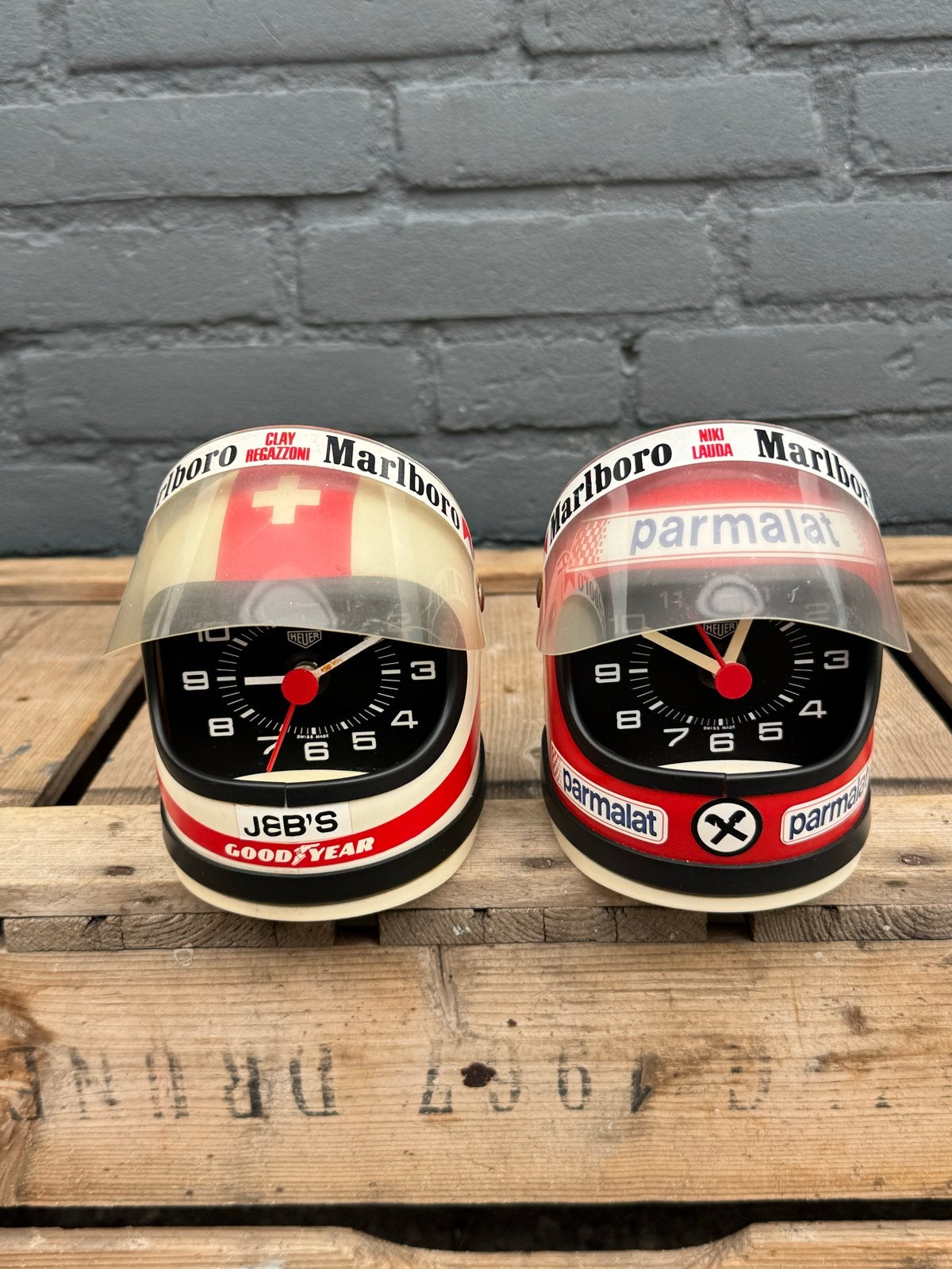 Set van 2 Vintage Heuer F1 Helm Klokken - Niki Lauda & Clay, Ophalen, Gebruikt, Formule 1