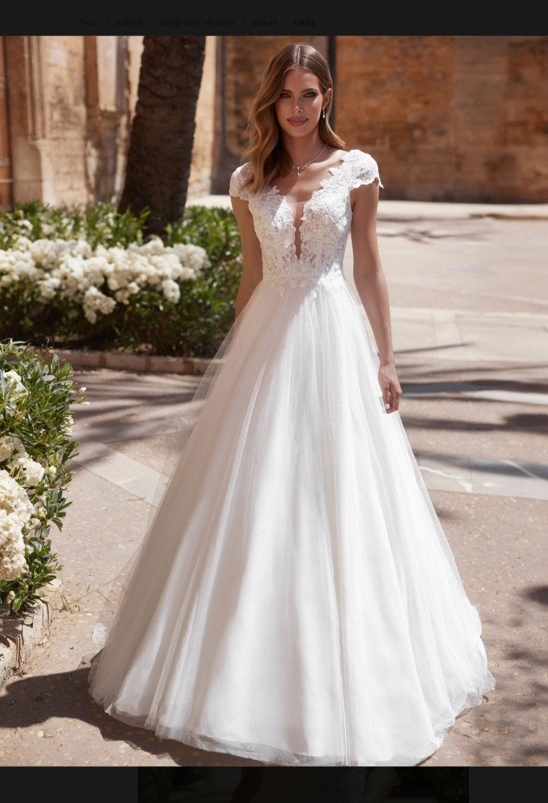 Bianco evento trouwjurk Uriel mouwtje kant tule glitter, Ophalen of Verzenden, Nieuw, Wit, Trouwjurk