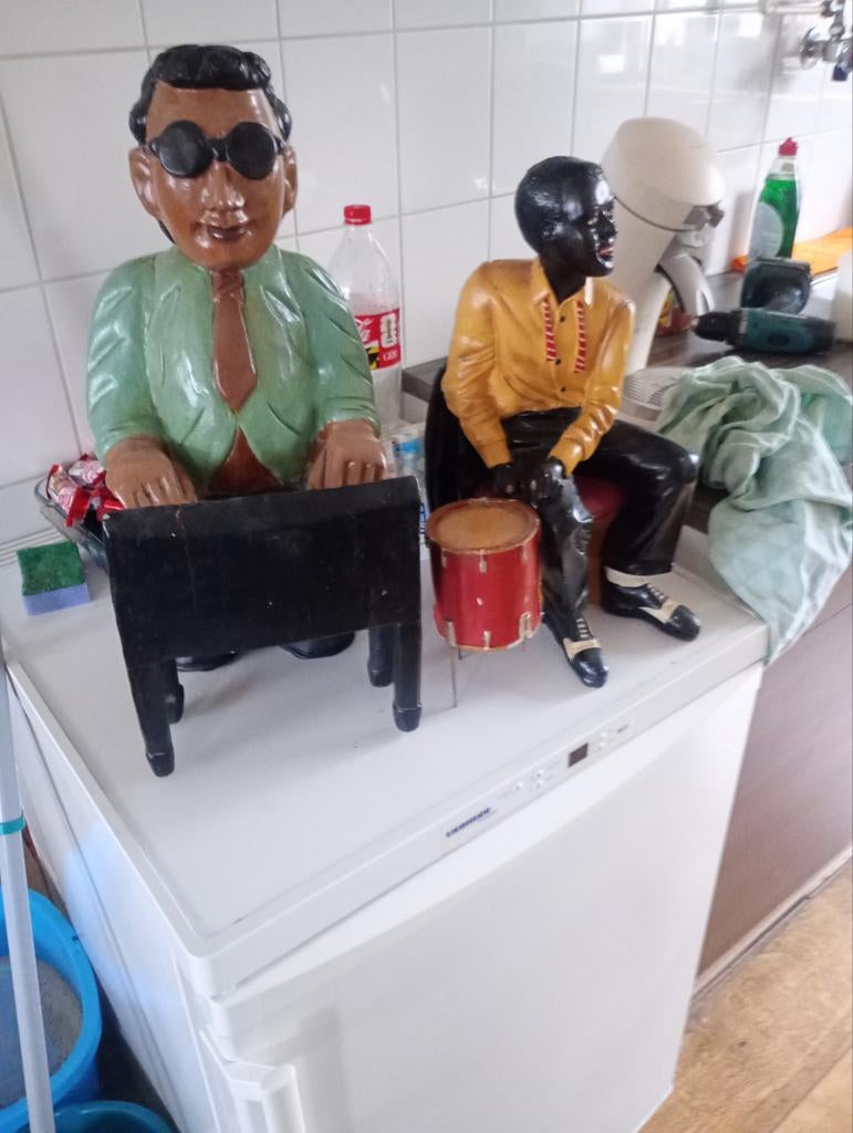 Vintage Beelden: Jazzmuzikanten (Piano en Drums), Ophalen, Groep mensen, Handgemaakt, 20 - 50 cm