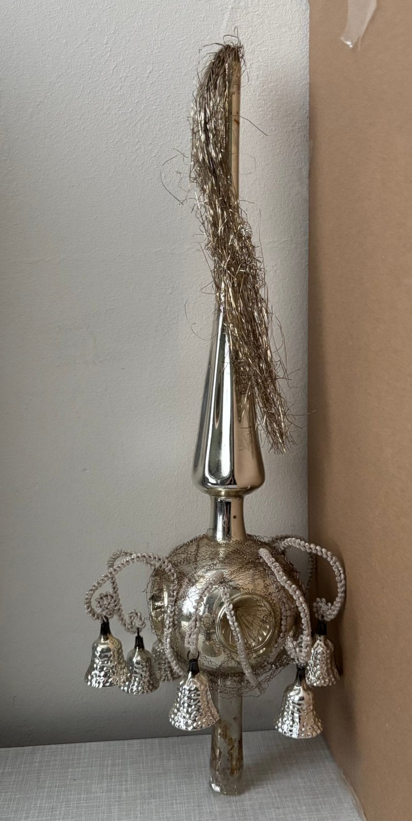 Antieke kerstboom piek met 8 belletjes spinsels deukglas, Ophalen, Gebruikt