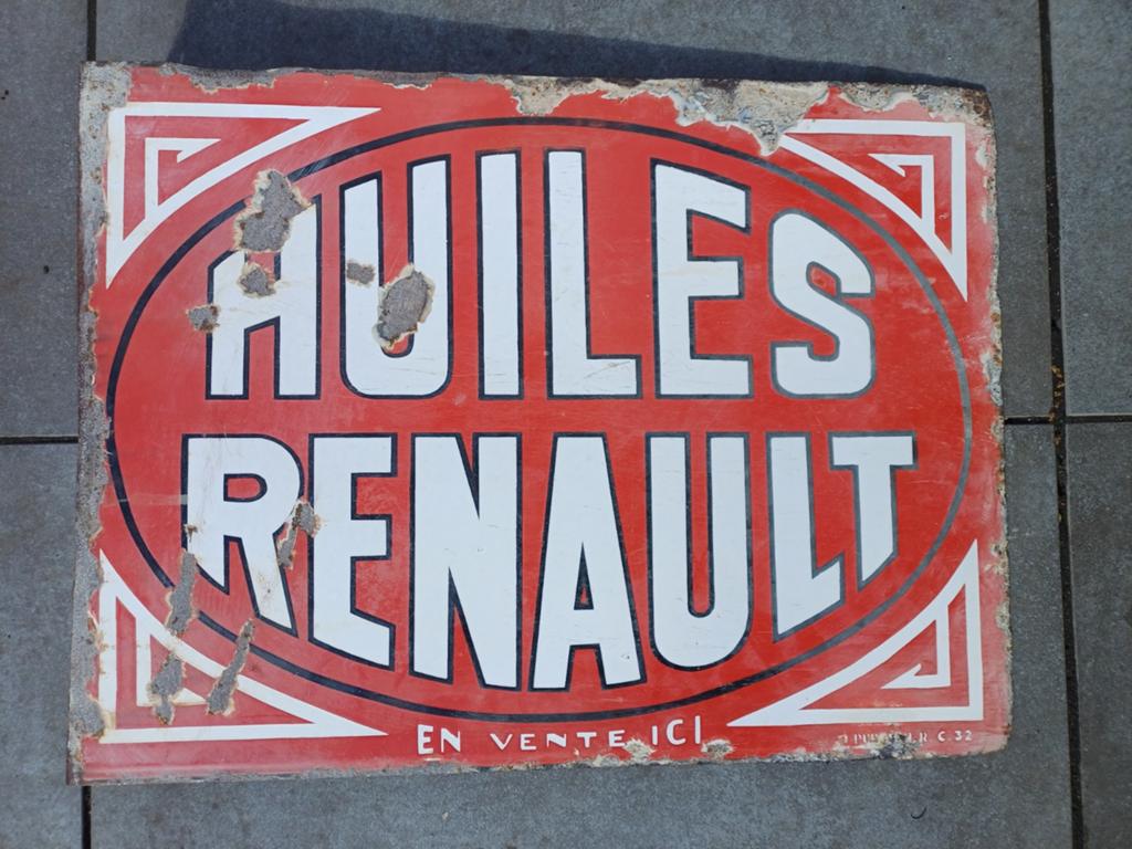 Emaille bord Huiles Renault dubbelzijdig., Ophalen of Verzenden