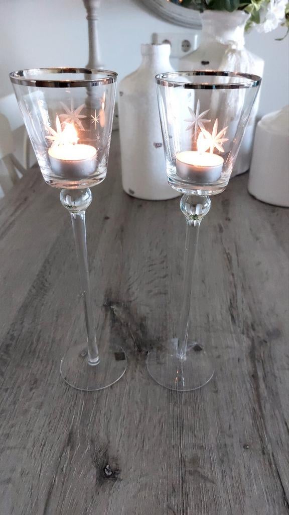 Set van 2 glazen kandelaars met sterrenmotief, Ophalen, Overige materialen, Overige kleuren, 25 tot 50 cm