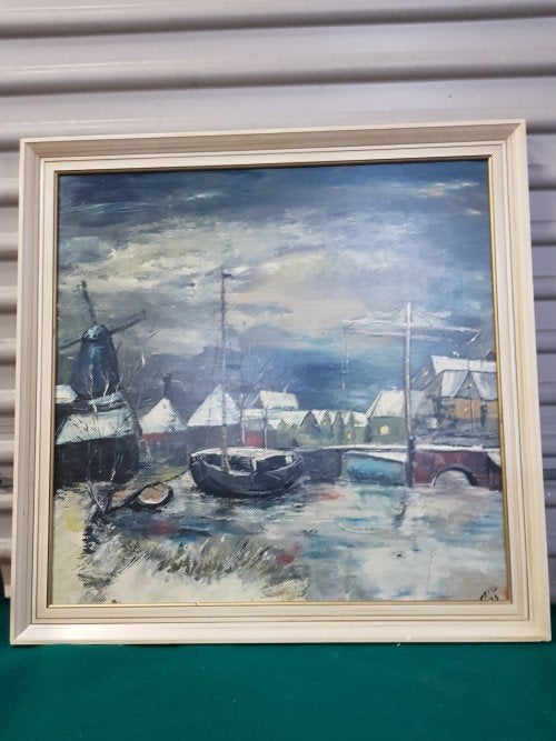Schilderij van dorp met gracht, ophaalbrug en molen in witte, Ophalen of Verzenden, 'T Olde Gre-j, Info@toldegrej.nl, Endepoelstraat 20f Didam