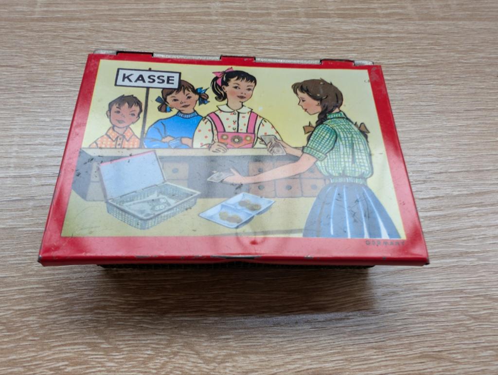 Vintage blikken speelgoedkassa met speelgeld, Ophalen of Verzenden, Gebruikt