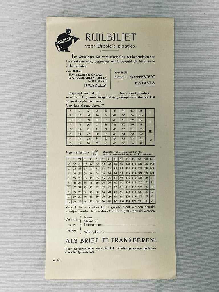 origineel Ruilbiljet voor Droste plaatjes Pastille 30s, Verzamelen, Blikken, Ophalen of Verzenden, Gebruikt, Overige, Droste