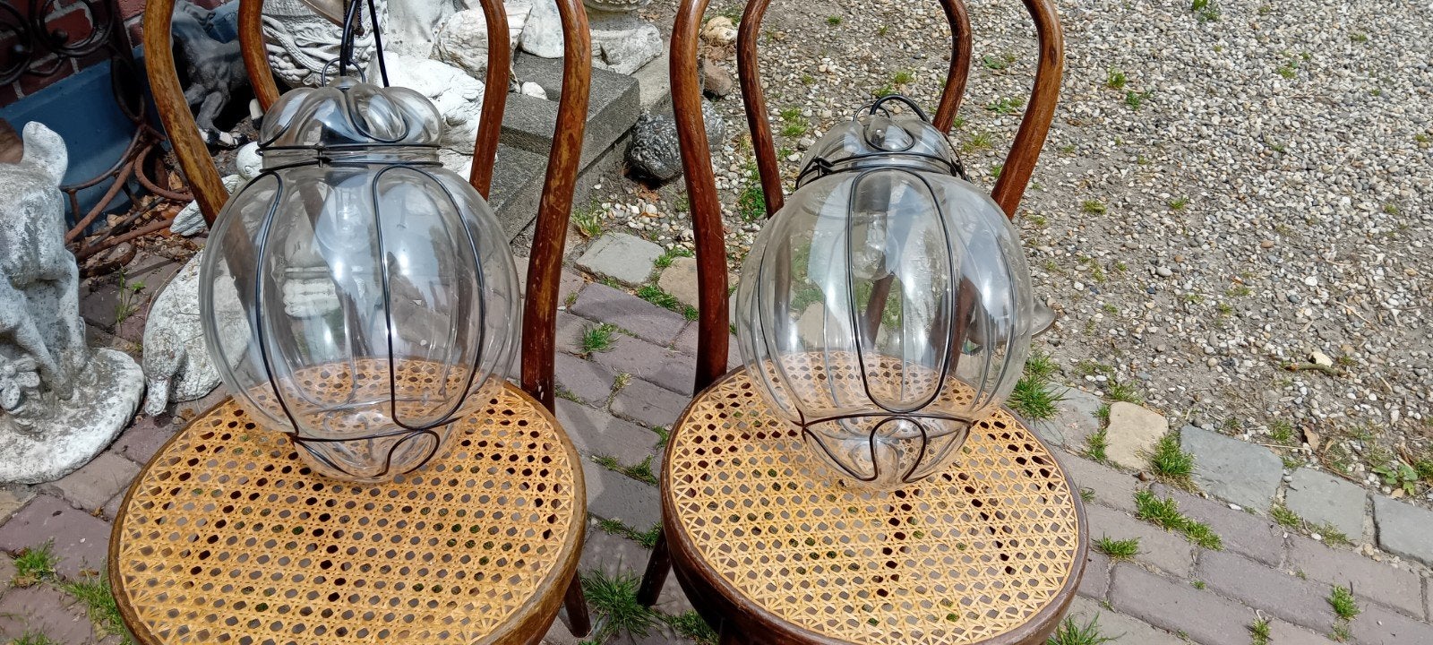 2Vintage Venetiaanse Hanglamp glas geblazen in ijzer montuur, Ophalen of Verzenden