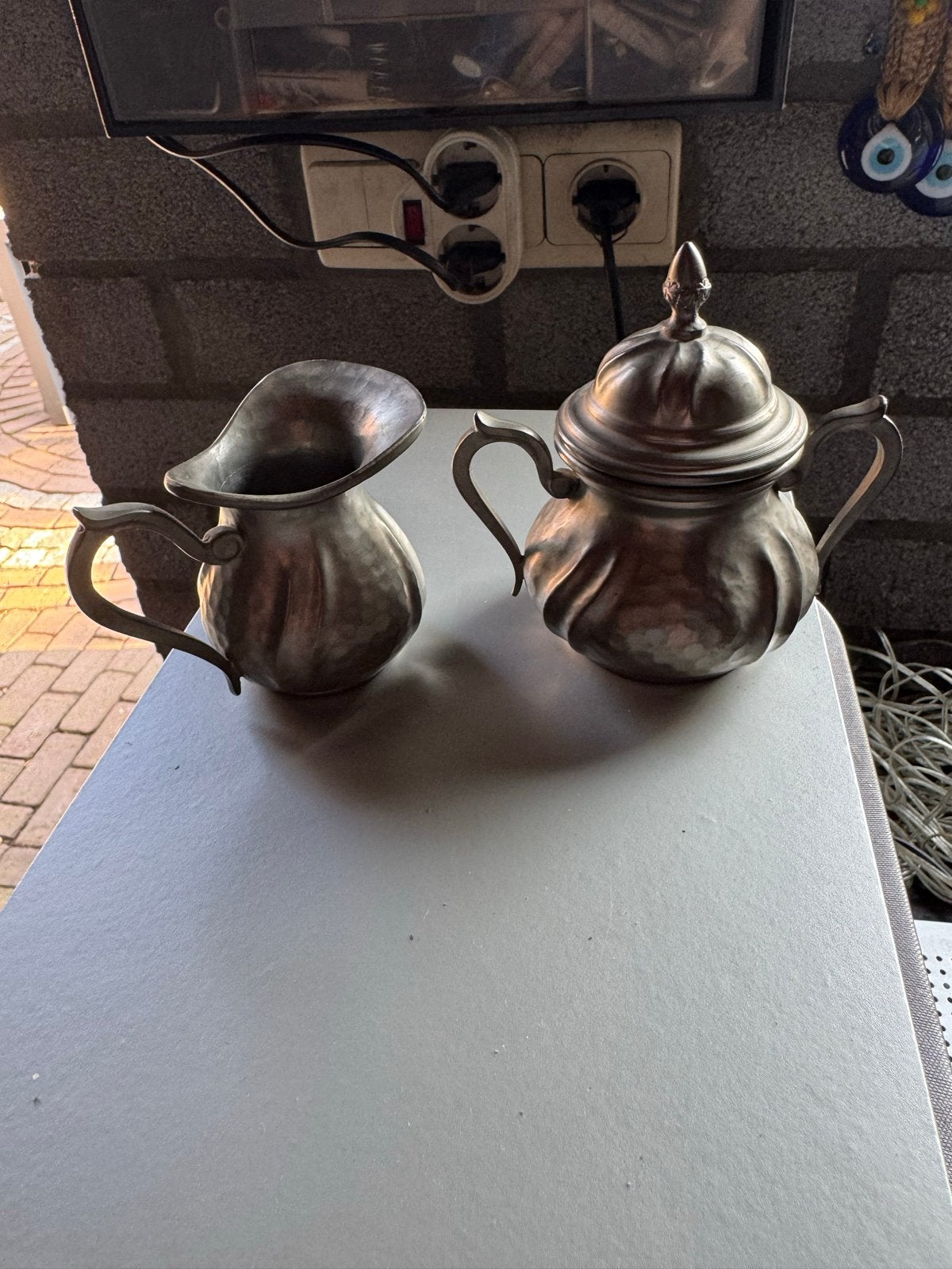 Antiek tinnen theeservies - theepot, suikerpot, melkkan, Antiek en Kunst, Antiek | Tin, Ophalen of Verzenden