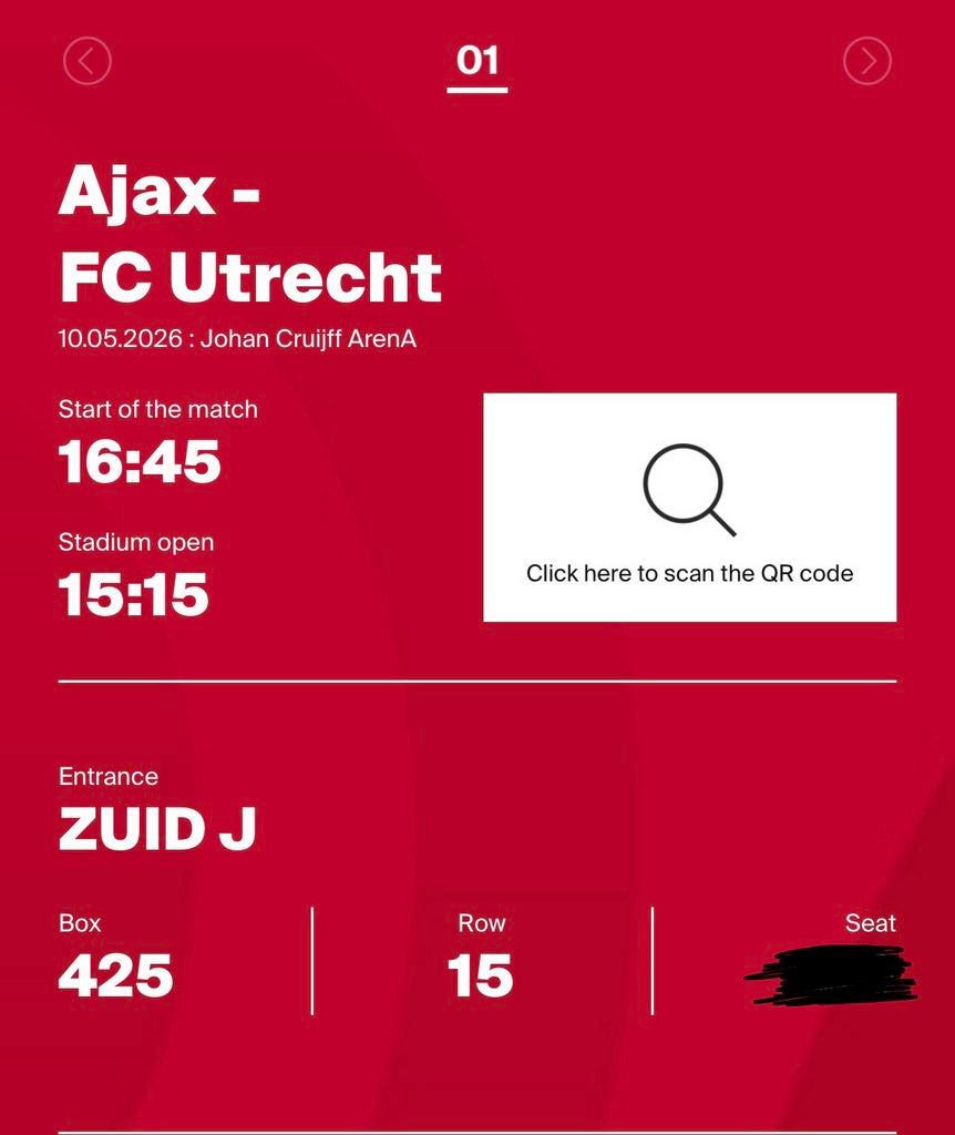 1 kaart Ajax - FC Utrecht Vak 425 Zuid J, Tickets en Kaartjes, Twee personen, Mei