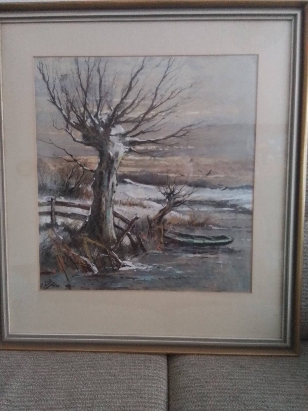 Sfeervol winters landschap schilderij met bootje, Ophalen, Doek, Realistisch, Landschap