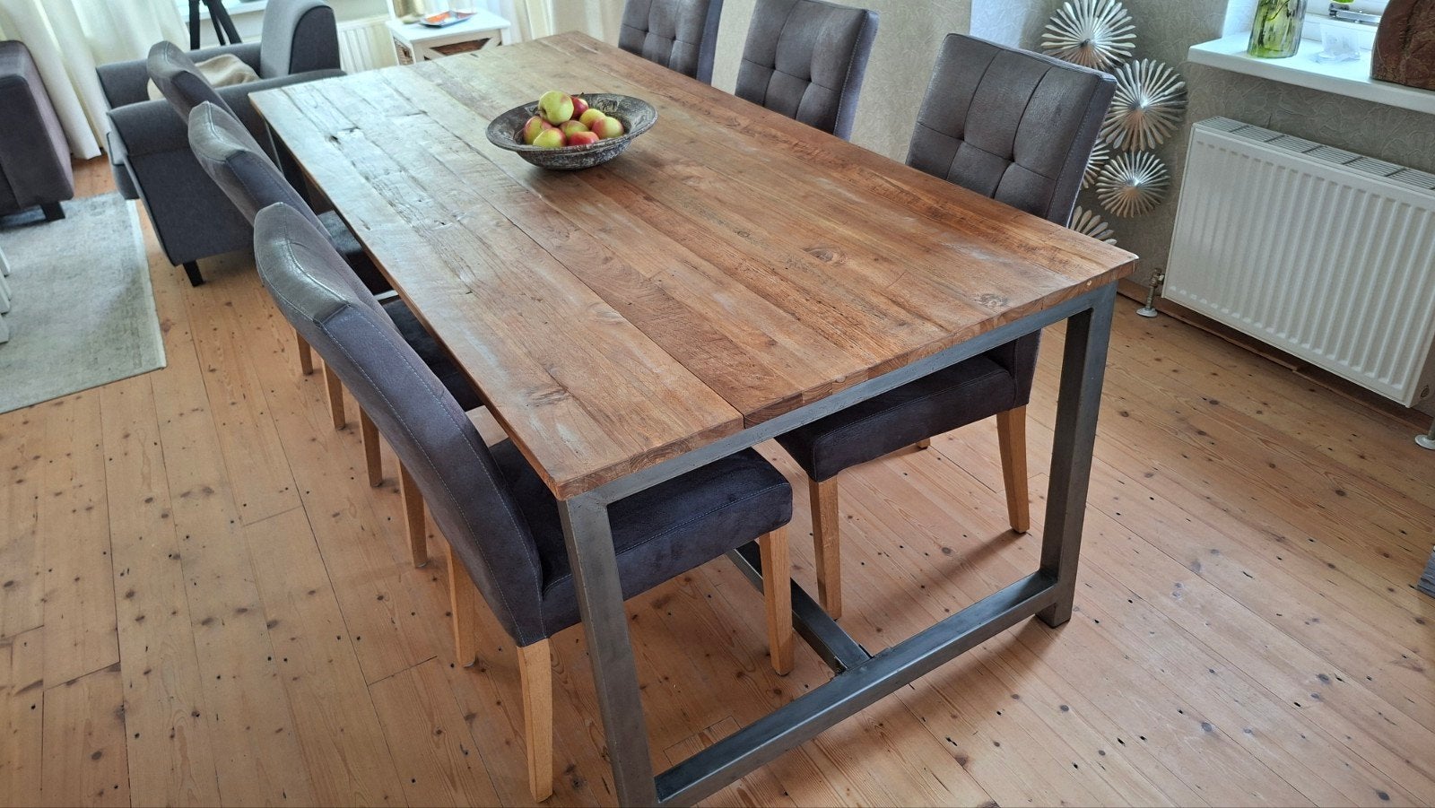 Zgan robuuste teakhouten tafel met 6 grijze stoelen, Ophalen, Teakhout, 200 cm of meer, 50 tot 100 cm