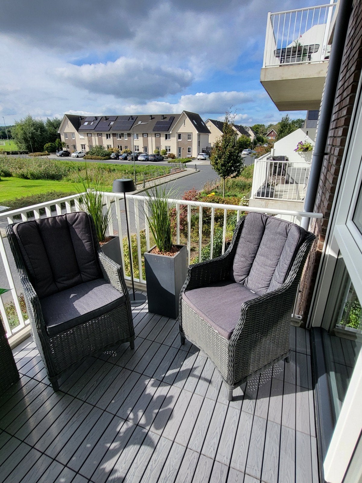 Twee antraciet tuin/balkon stoelen met kussens, Tuin en Terras, Ophalen of Verzenden, Gebruikt