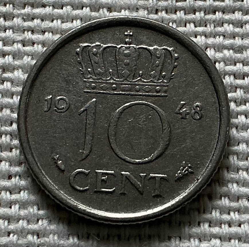 10 cent, dubbeltje 1948, koningin Wilhelmina, Ophalen of Verzenden, Koningin Wilhelmina, 10 cent, Losse munt
