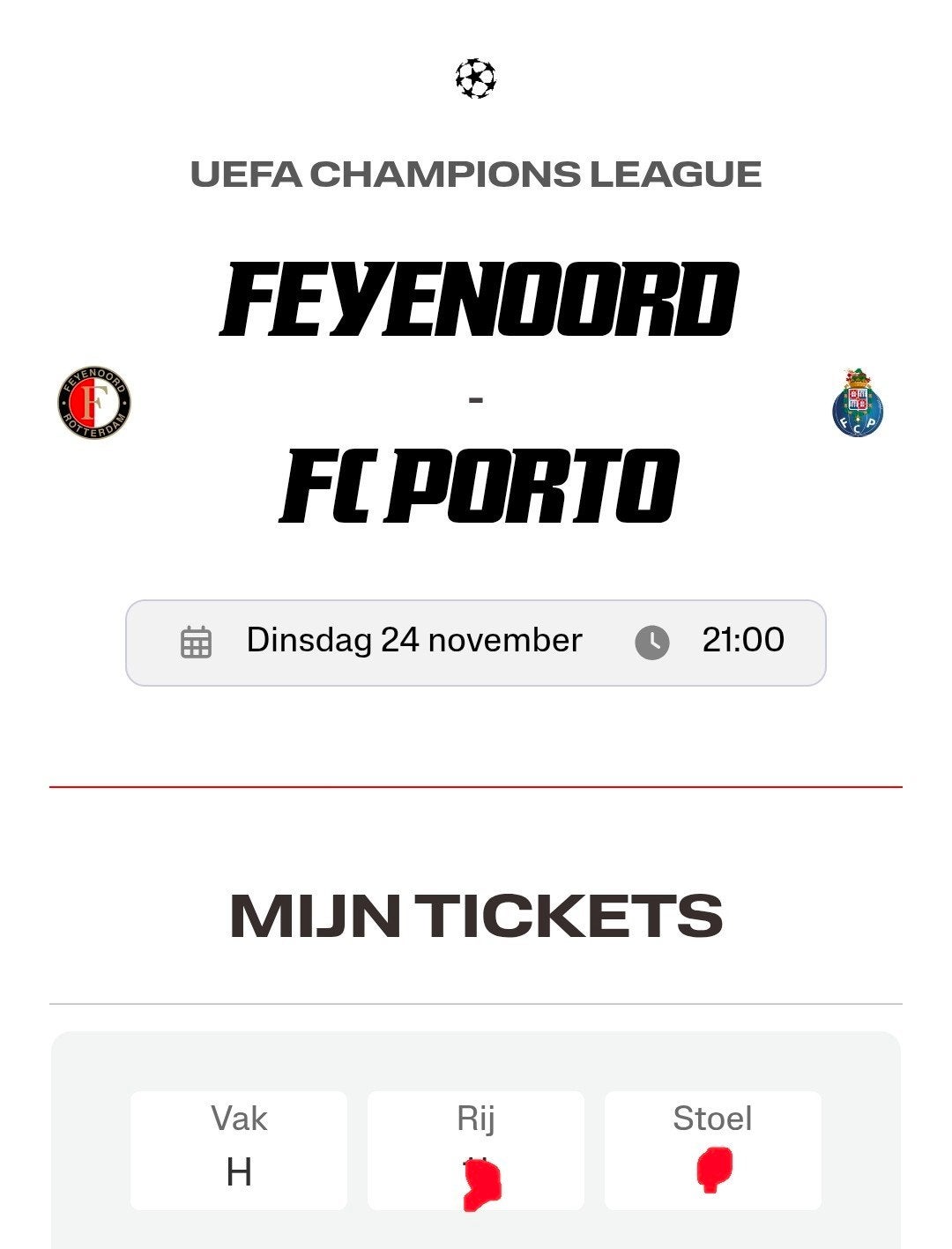 Feyenoord vs Fc Porto Champions League 2026/2027 Ticket, Eén persoon, November